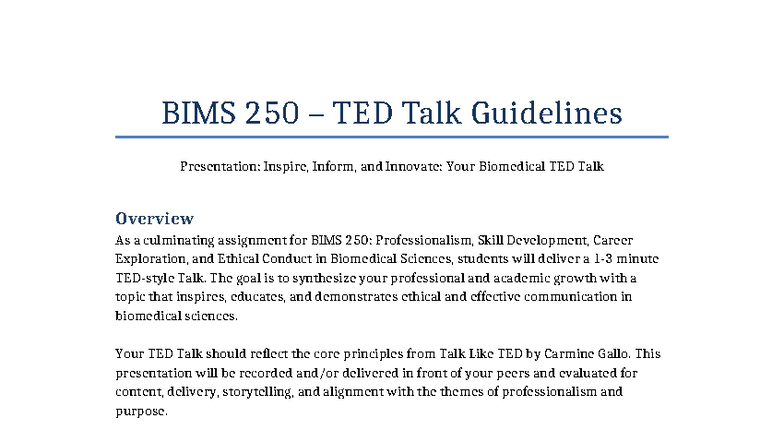 BIMS 250 TED Talk Guidelines: Inspire, Inform, and Innovate - Studocu