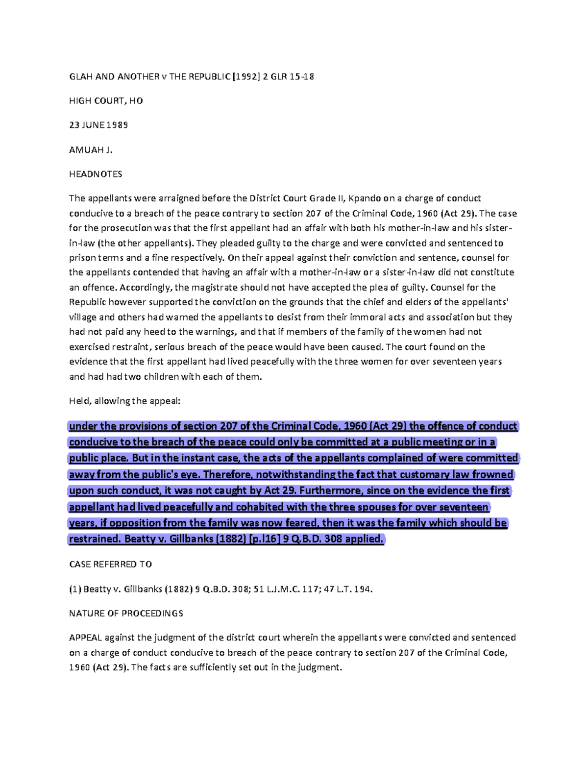 Case Study: GLAH AND ANOTHER v THE REPUBLIC [1992] 2 GLR 15-18 - Studocu