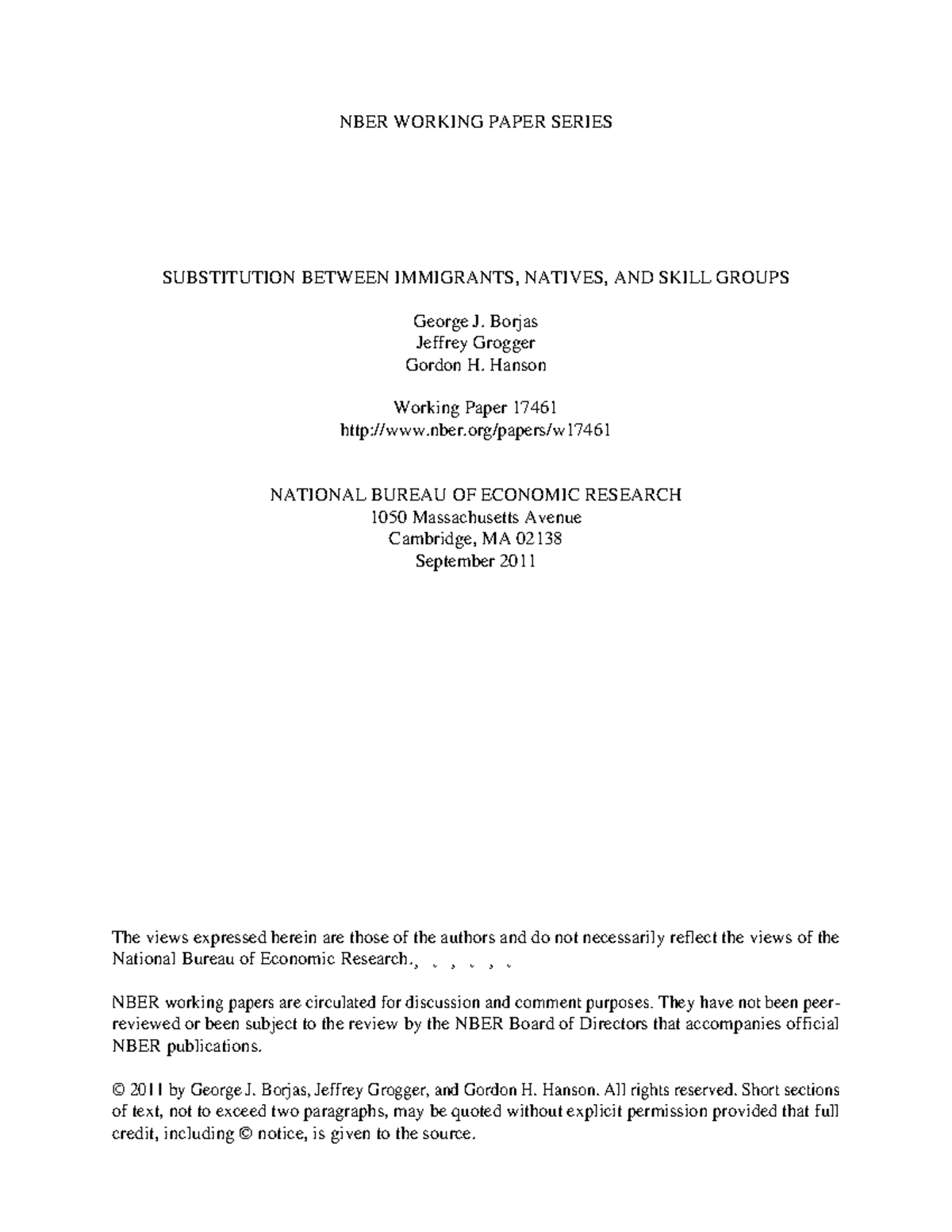 NBER Working Paper W17461: Substitution Between Immigrants and Natives ...