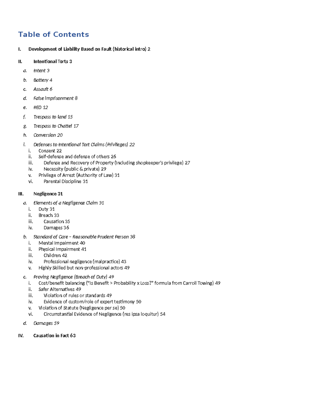 Course Notes Torts I: Key Concepts & Case Summaries - Studocu