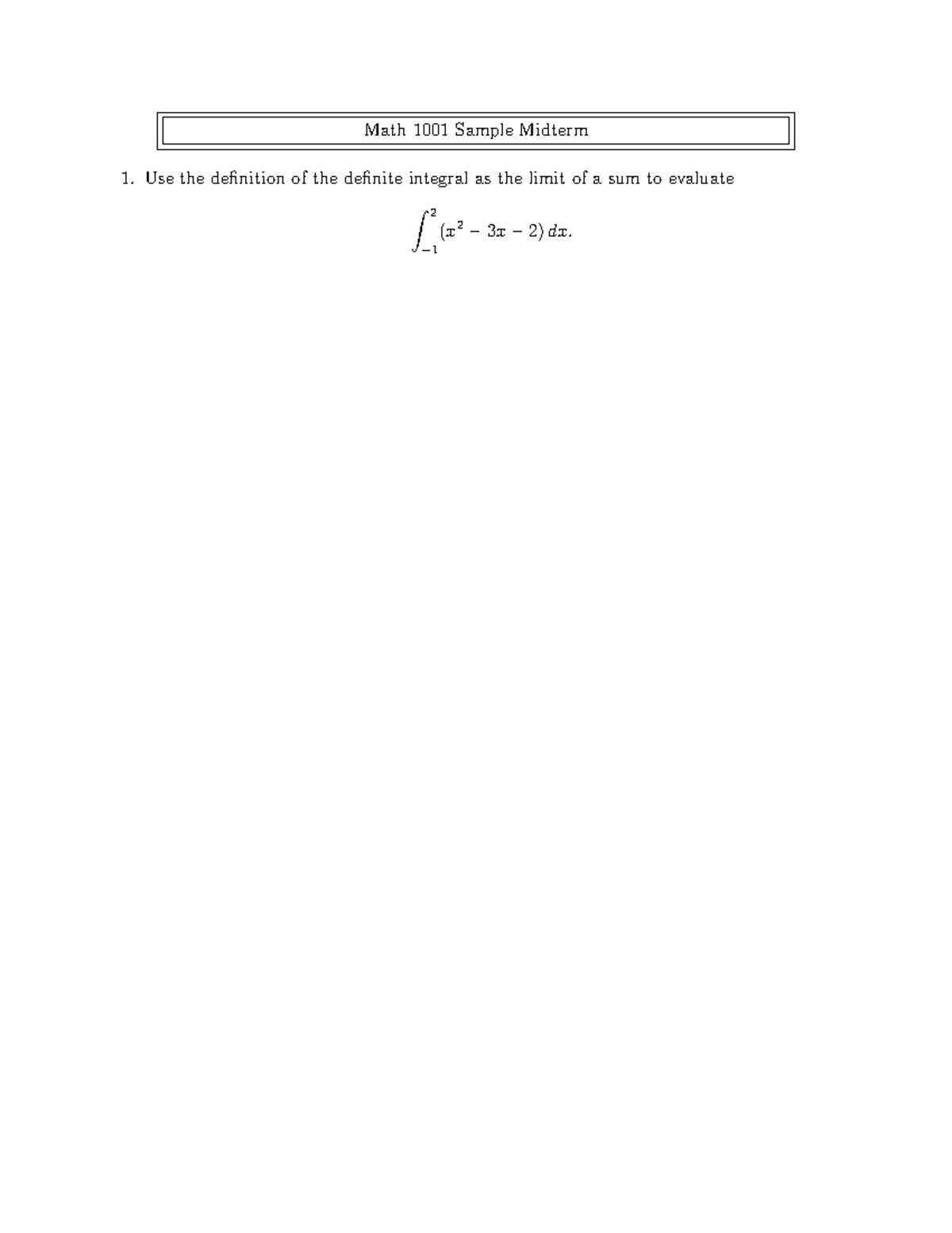 Math 1001 Sample Midterm Exam Questions and Solutions - Studocu