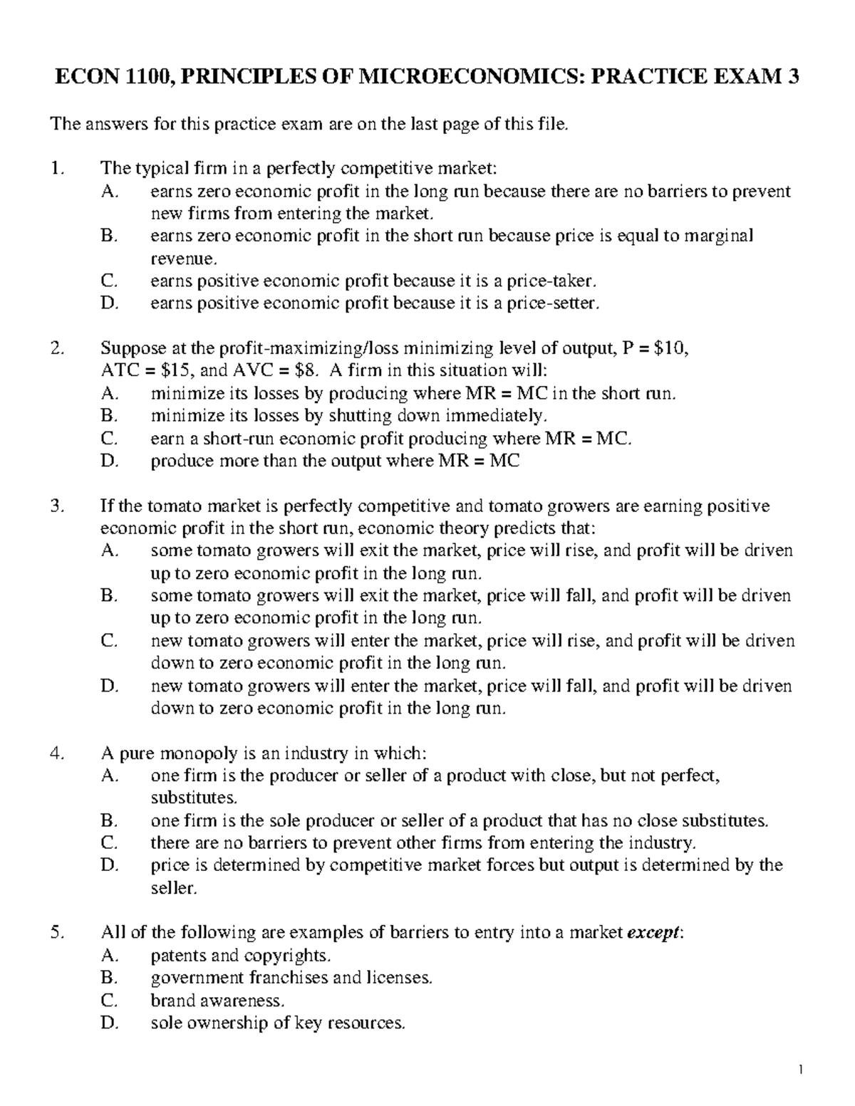 ECON 1100: Principles of Microeconomics Practice Exam 3 Solutions - Studocu