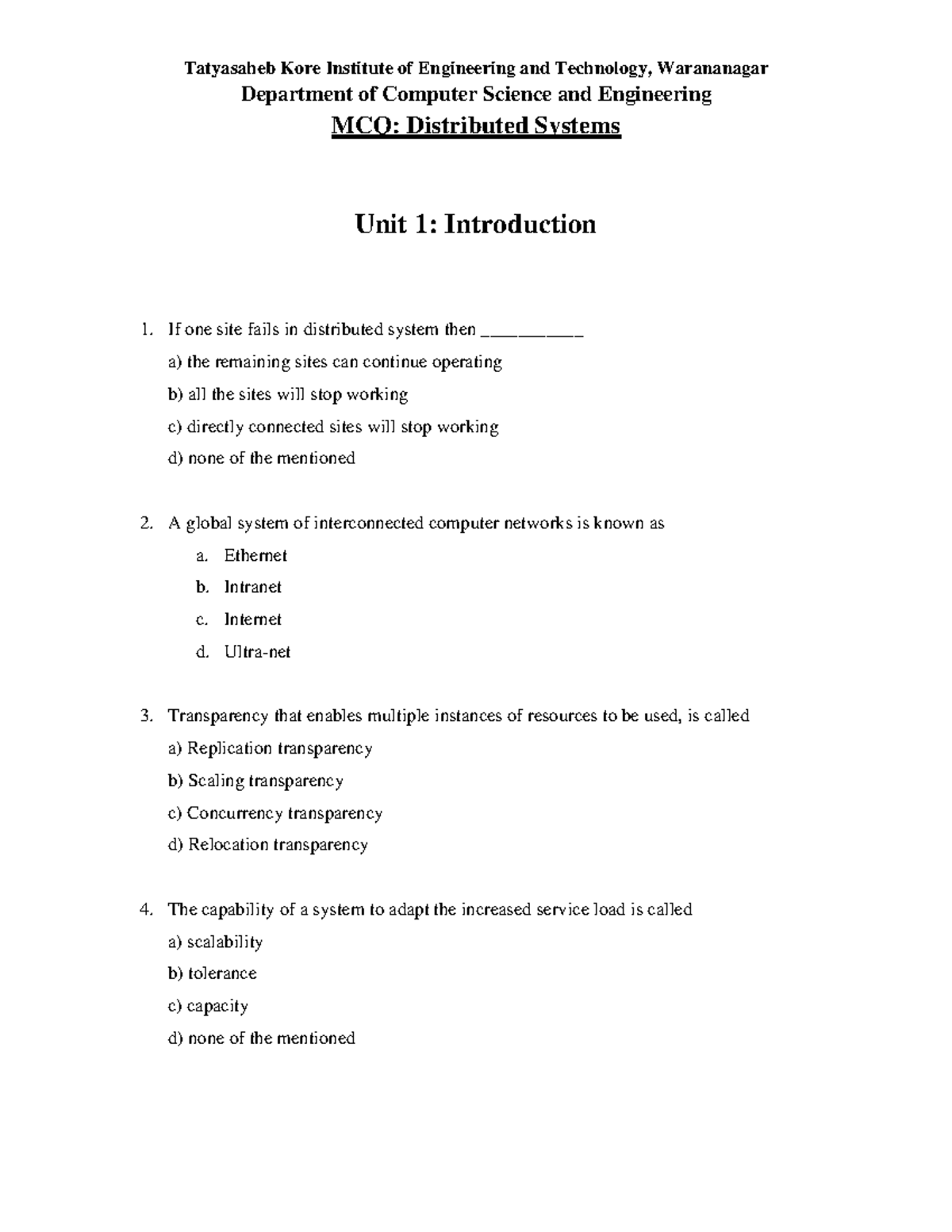Sem-VII Distributed Systems MCQ Study Guide and Revision Notes - Studocu