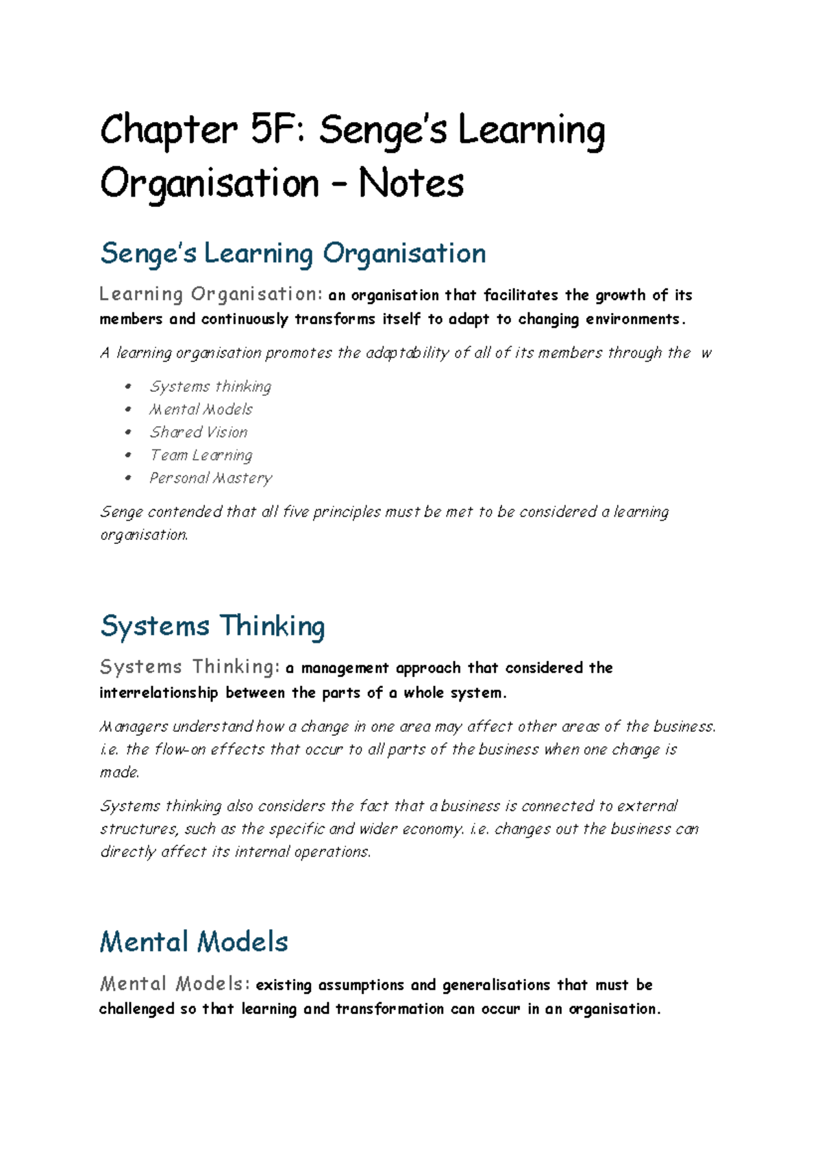 SENG 501: Notes on Senge's Learning Organisation Principles - Studocu