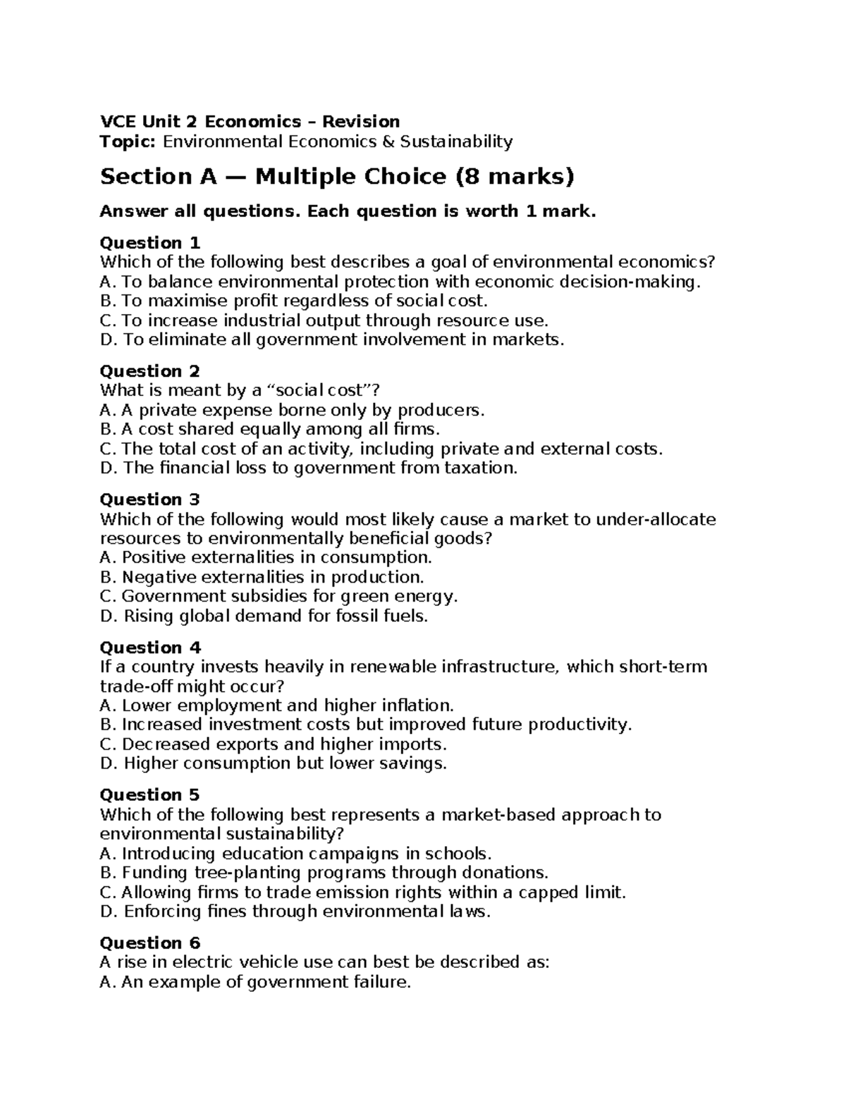 Environmental Economics & Sustainability Revision VCE Unit 2 Exam Prep ...