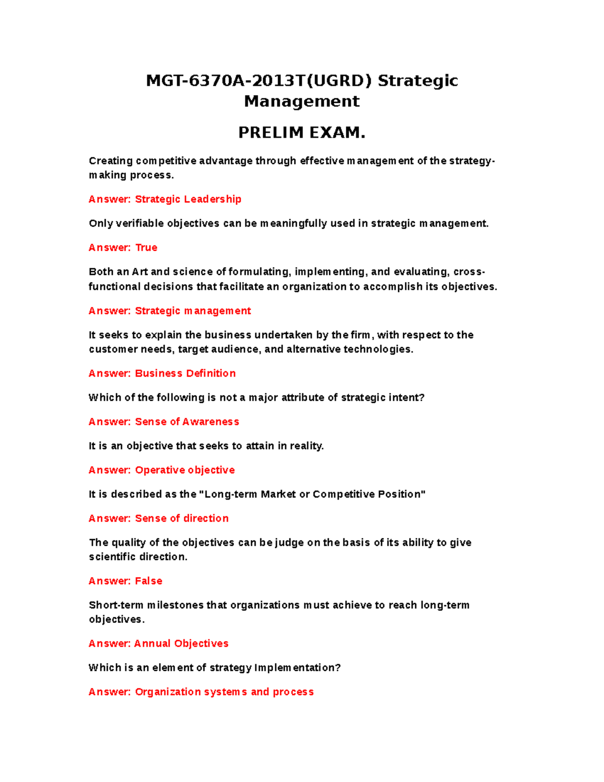 MGT-6370A-2013T(UGRD) Strategic Management Preliminary Exam Notes - Studocu