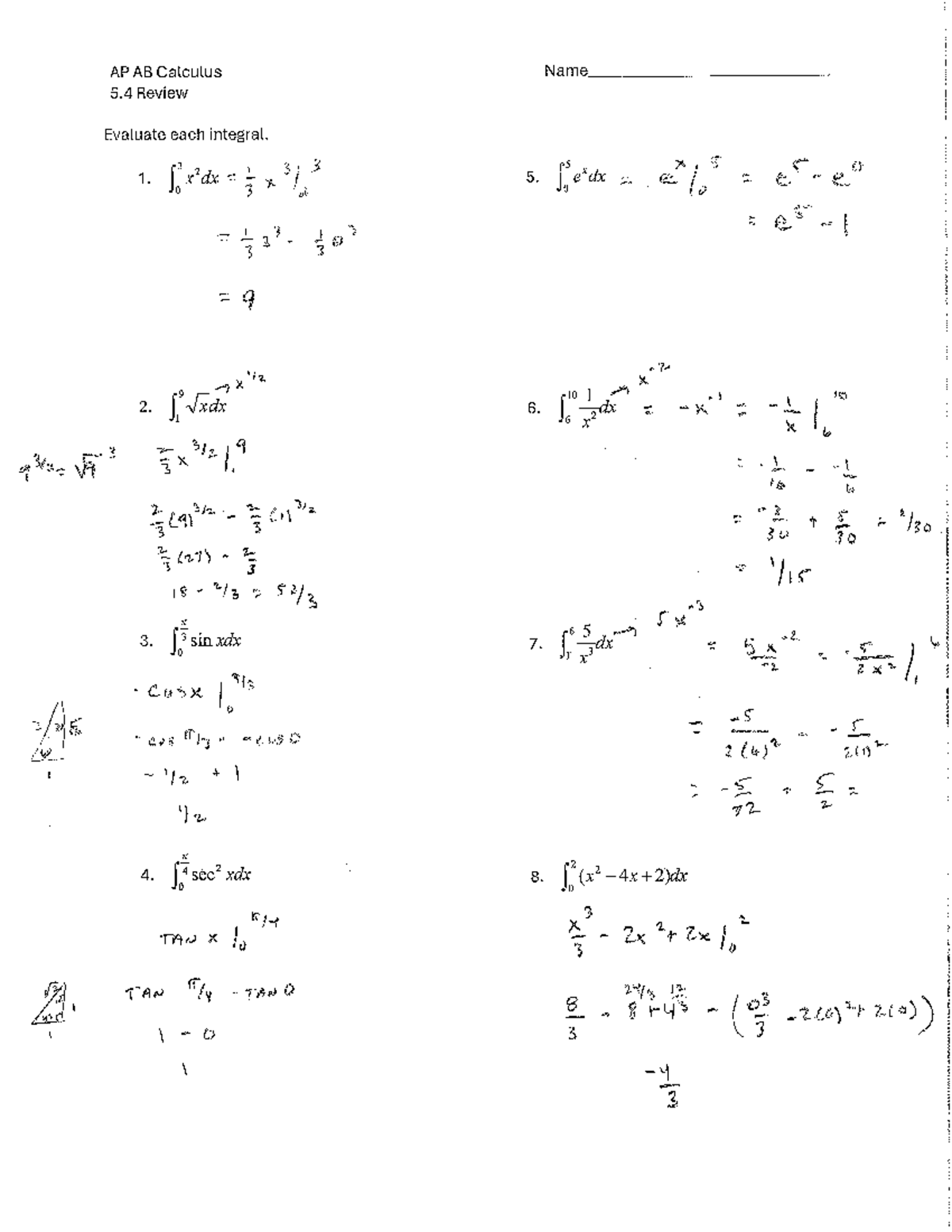 AP AB Calculus 5.4 Review: Evaluating Integrals Notes - Studocu