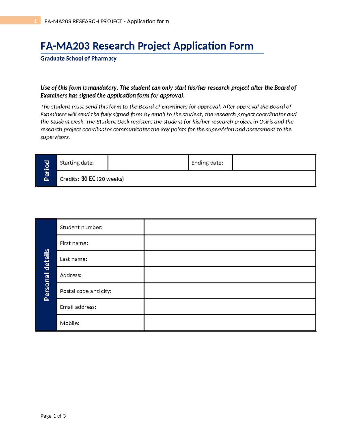 FA-MA203 Research Project Application Form - Sep 2021 - Studeersnel