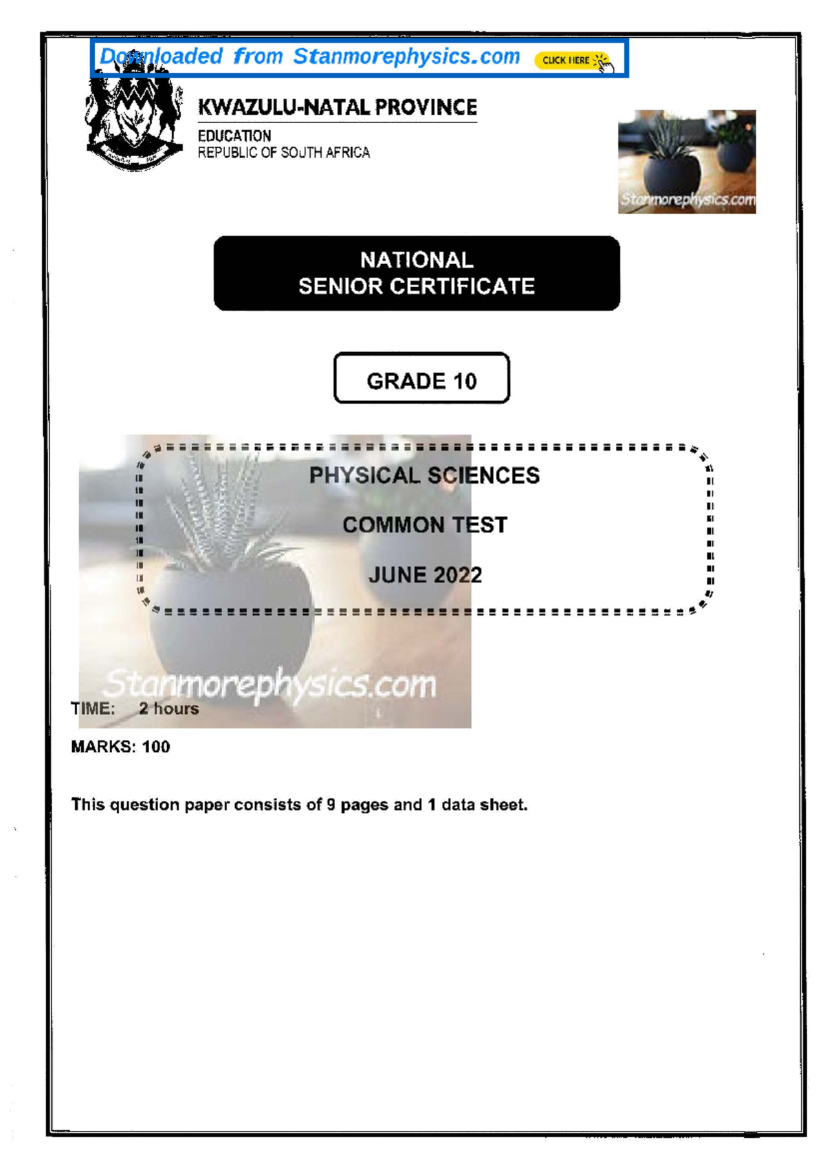 Physical Sciences Grade 10 June 2022 Common Test QP & Memo - Studocu