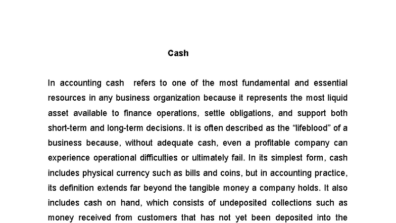 CASH 101: Understanding Cash in Accounting and Its Importance - Studocu