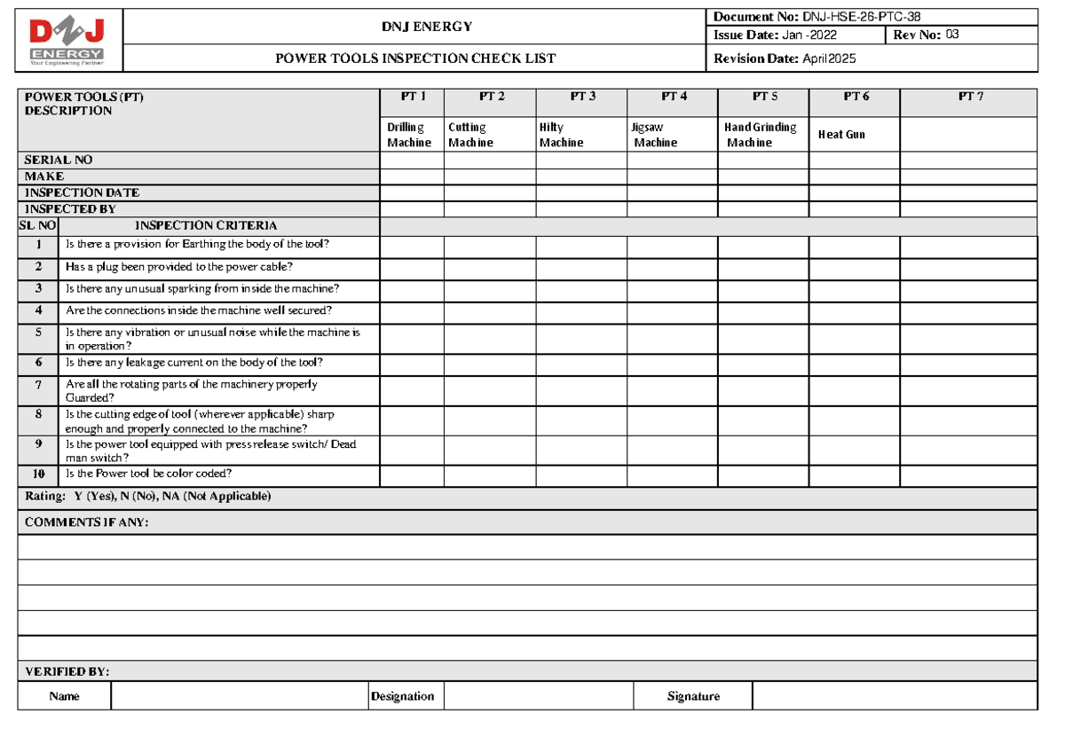 DNJ Power Tools Inspection Checklist - Document No: DNJ-HSE- 26 - PTC ...