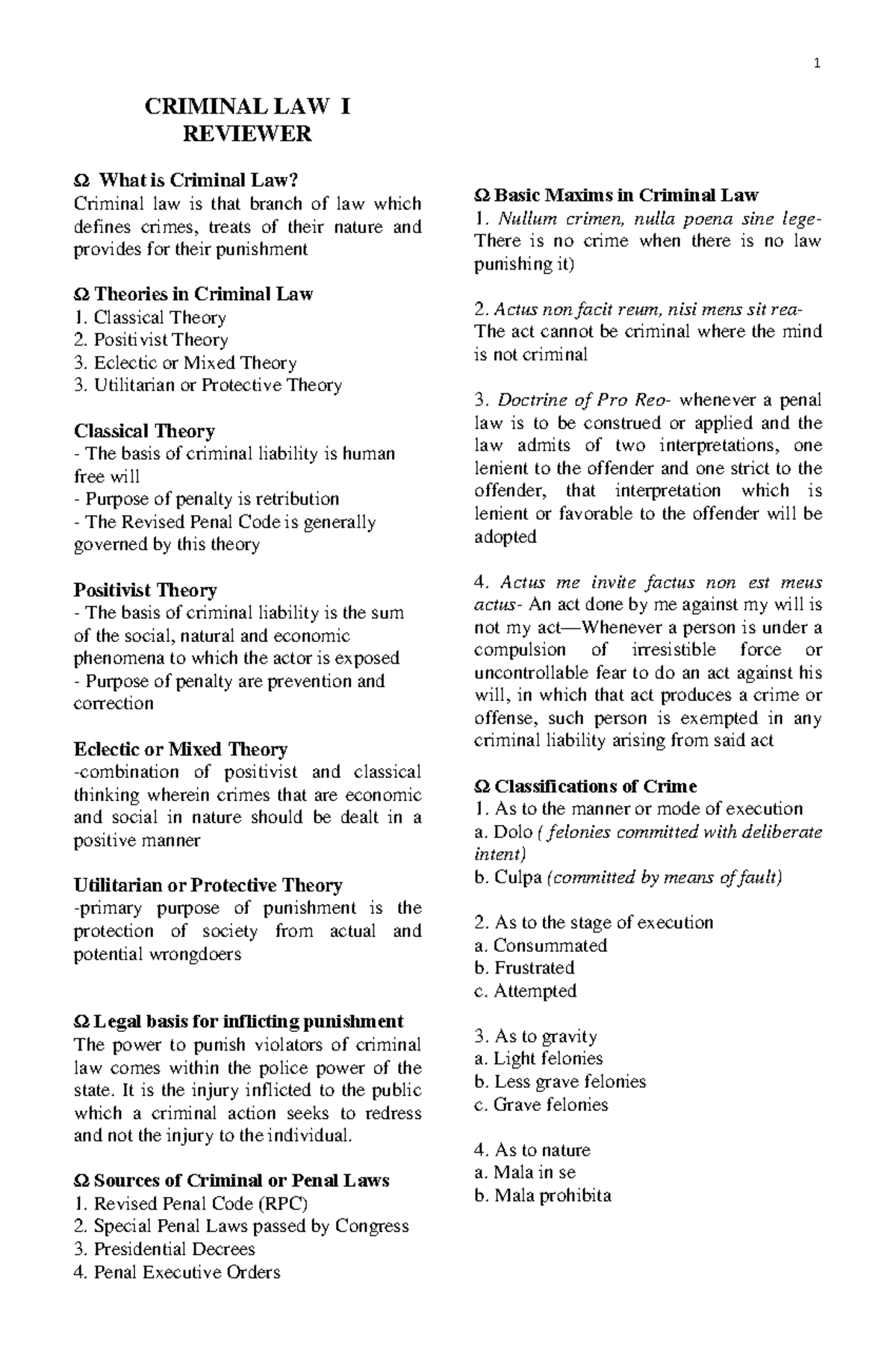 Criminal Law I Review Notes: Theories, Principles, and Classifications ...