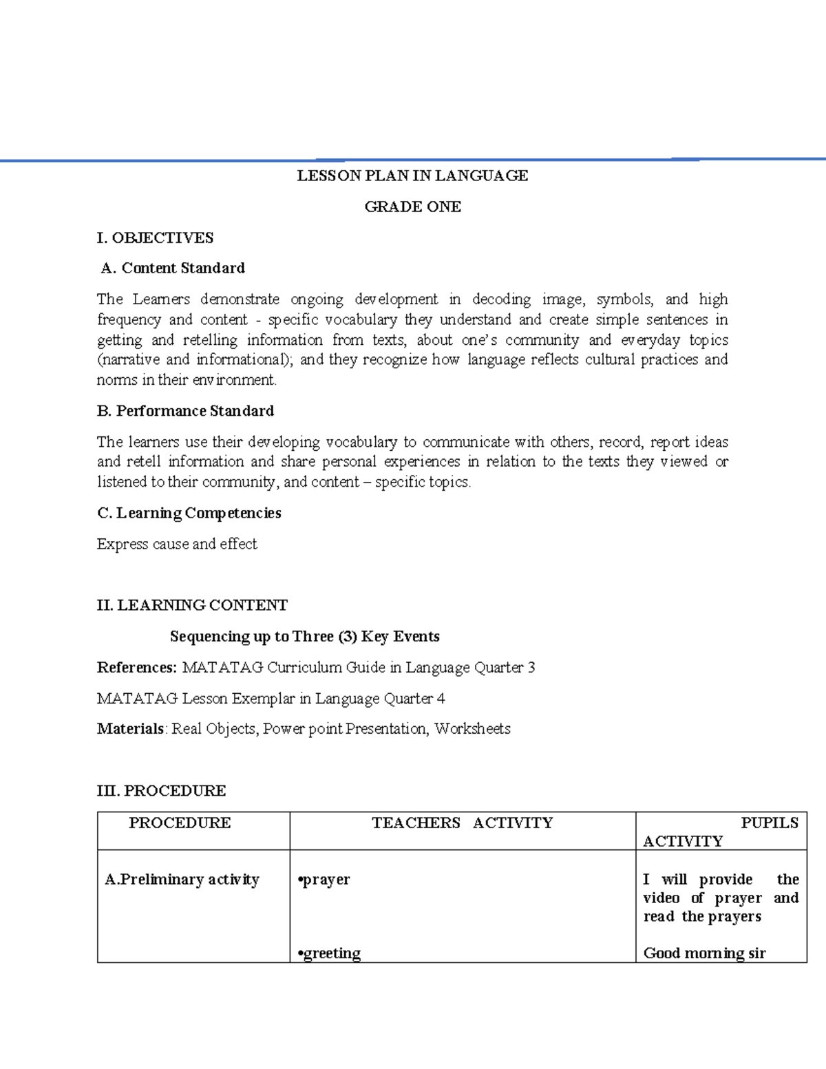 Grade 1 Language Lesson Plan: Cause and Effect Activities - Studocu