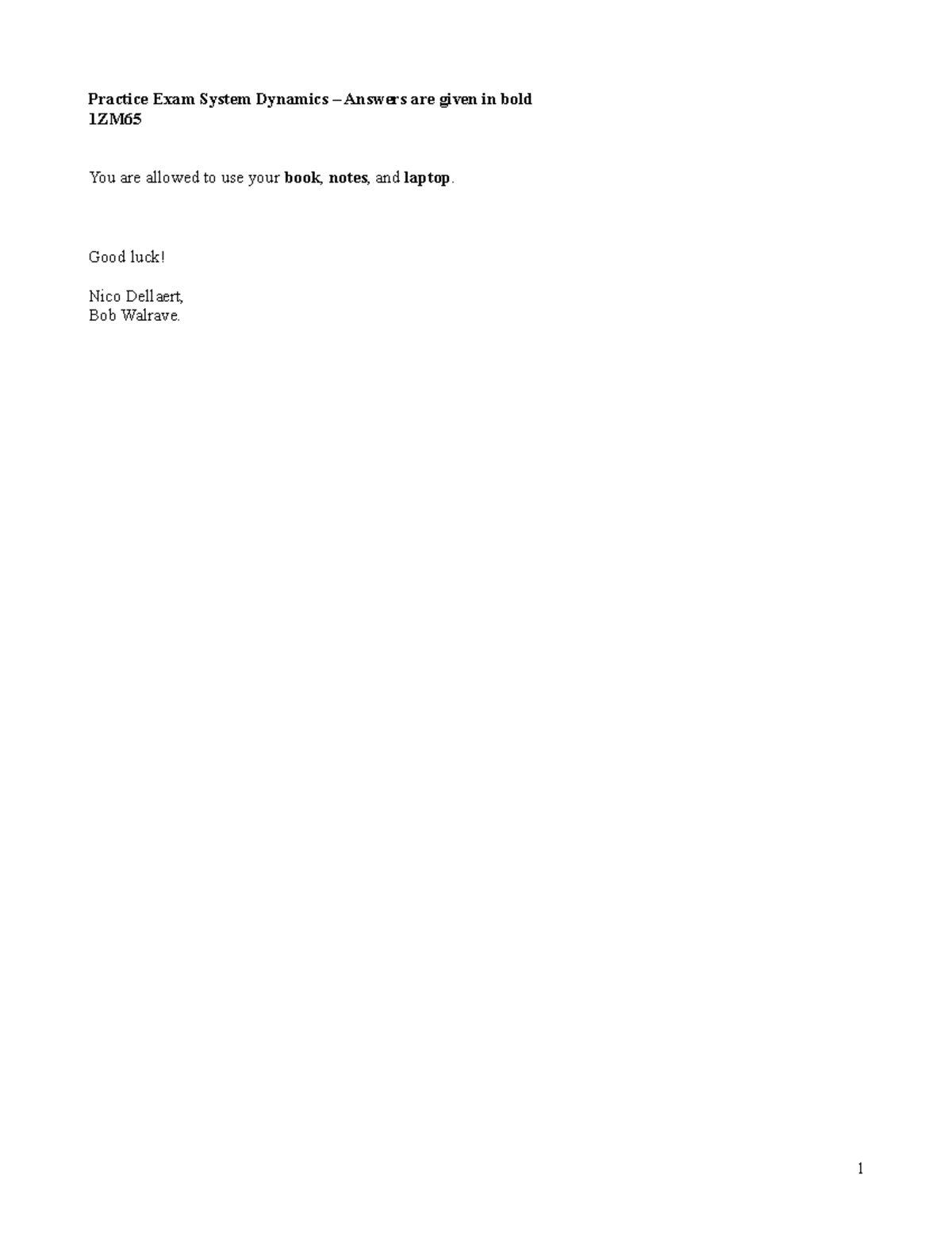 Practice Exam 2022 - System Dynamics with Answers Included - Studeersnel
