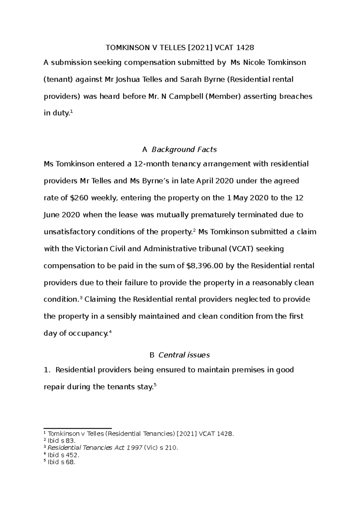 Assessment 2 - VCAT Case Study: Tomkinson v Telles (VCAT 1428) - Studocu