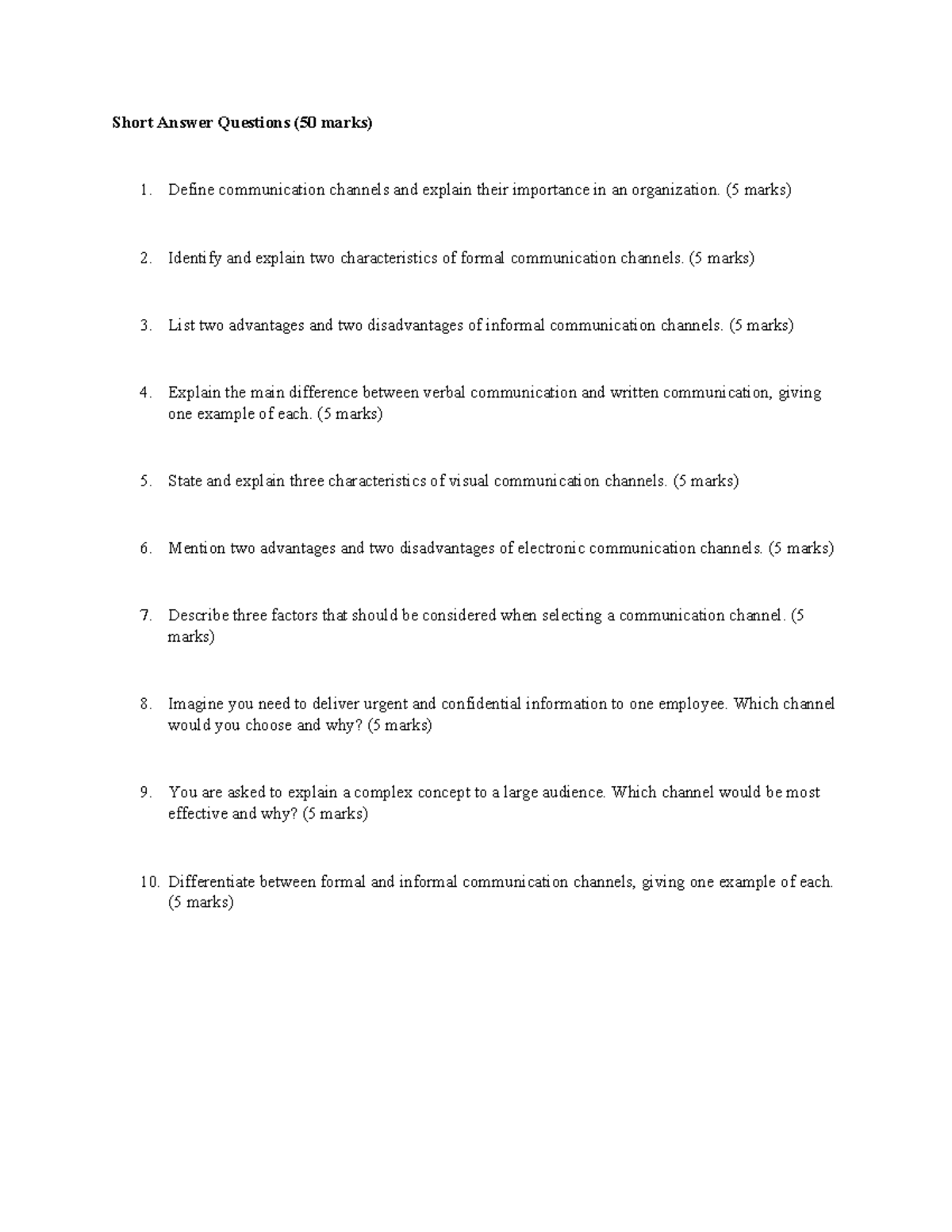 COMM Skills CAT 1: Short Answer Questions on Communication Channels ...