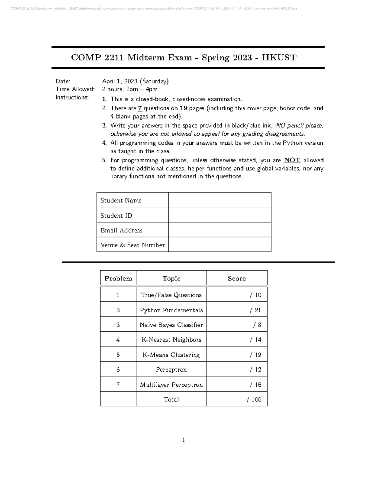 COMP2211 Midterm Exam Solutions - Spring 2023 - HKUST - Studocu