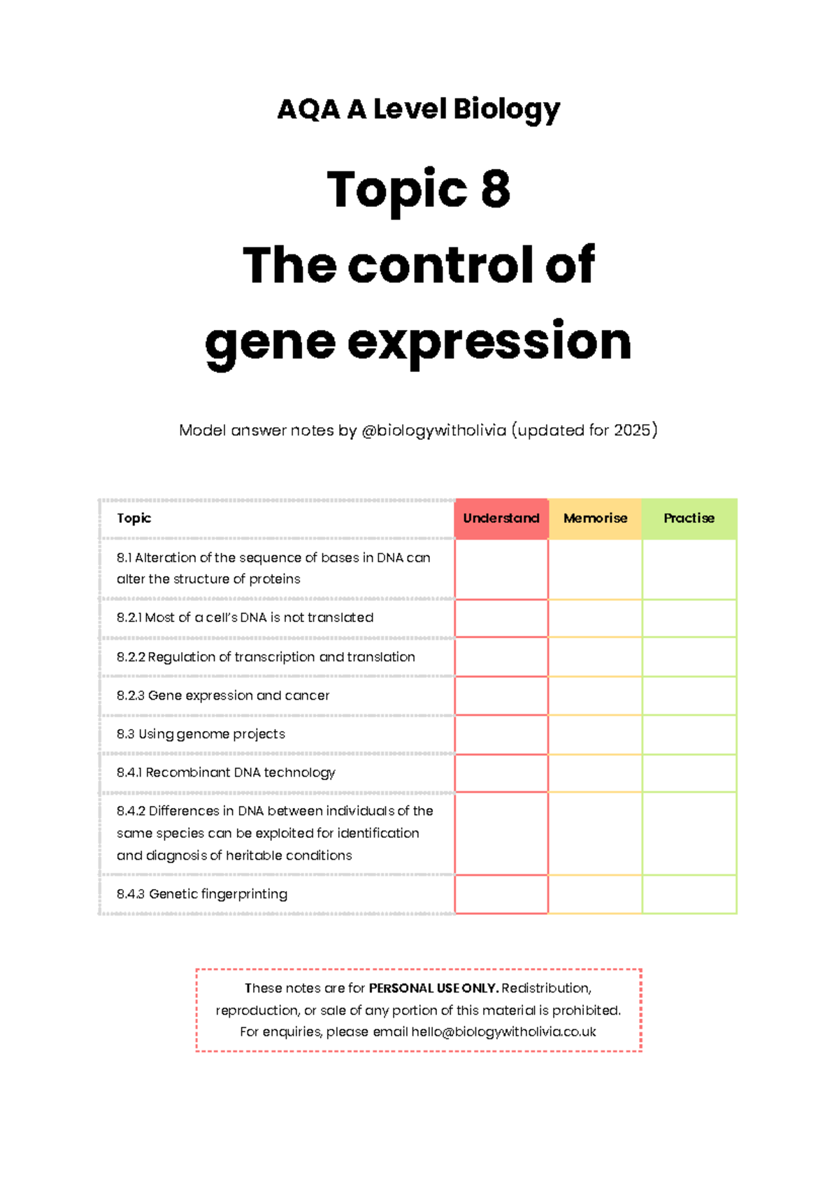 AQA A Level Biology Topic 8: Control of Gene Expression Notes (2025 ...