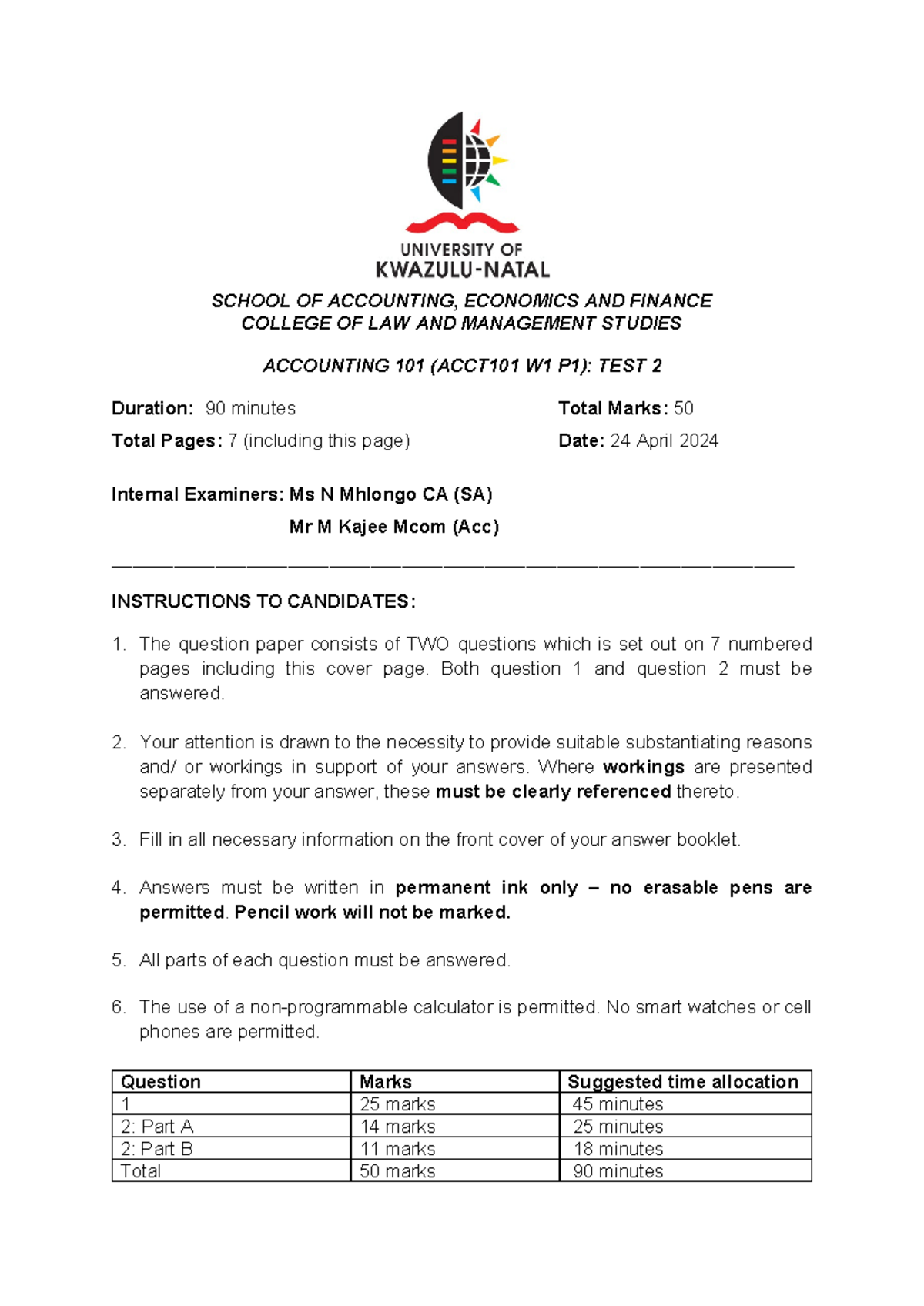 ACCT101 W1 P1: Test 2 Question Paper - 24 April 2024 - Studocu