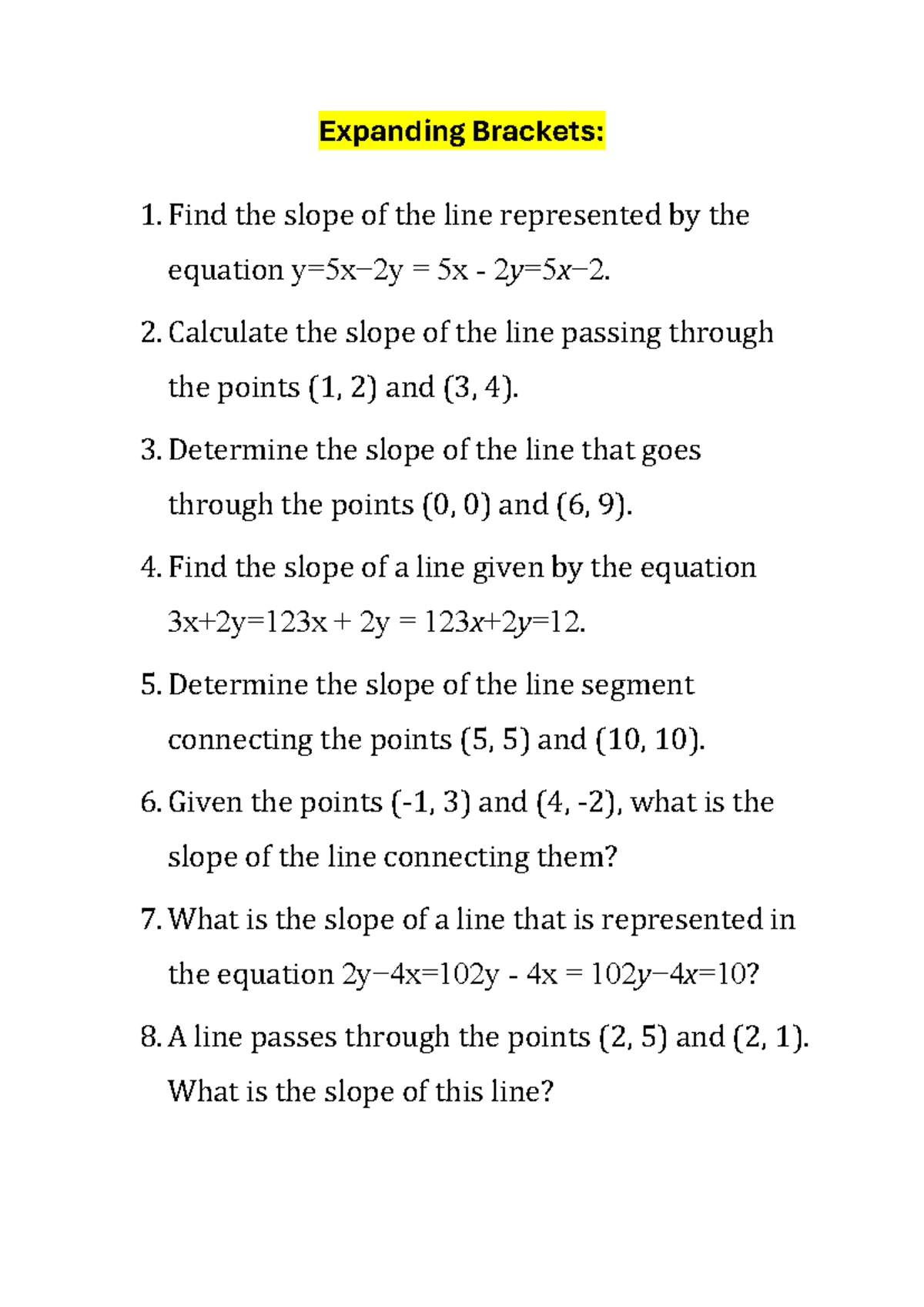 Expanding Brackets - Expanding Brackets: Find the slope of the line ...