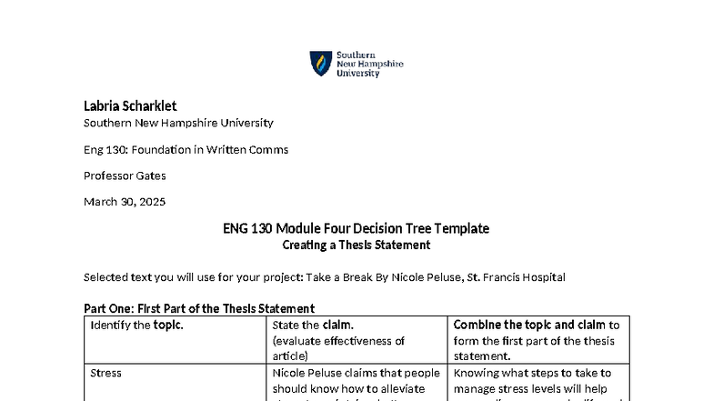 ENG 130 Module Four Decision Tree: Crafting a Thesis Statement - Studocu