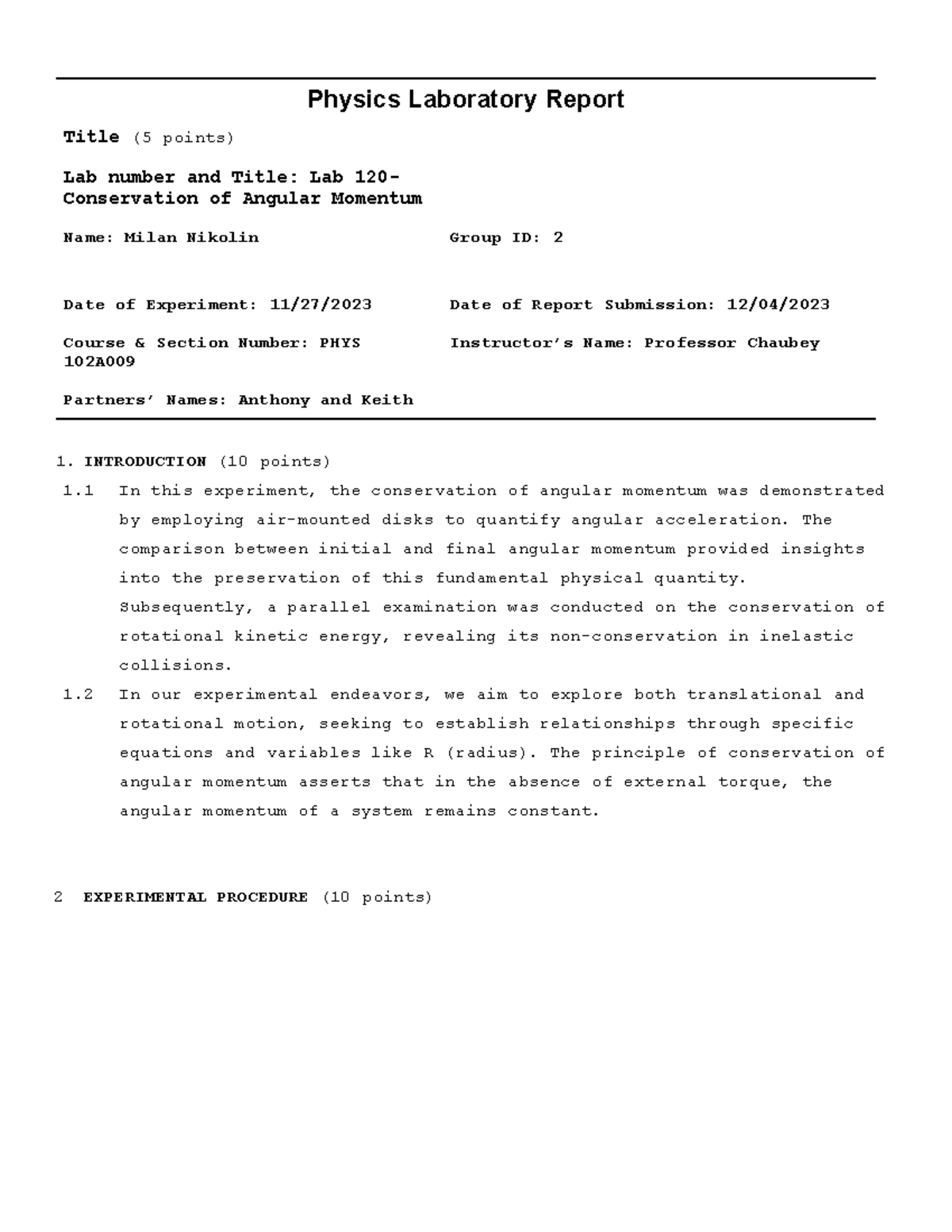 Lab 120: Conservation of Angular Momentum Experiment Report - Studocu