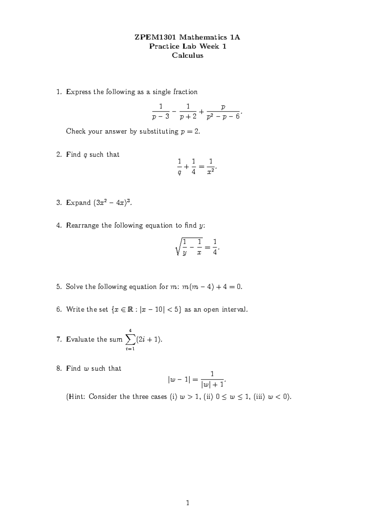 ZPEM1301 Engineering Mathematics 1A Week 1 Practice Lab Problems - Studocu