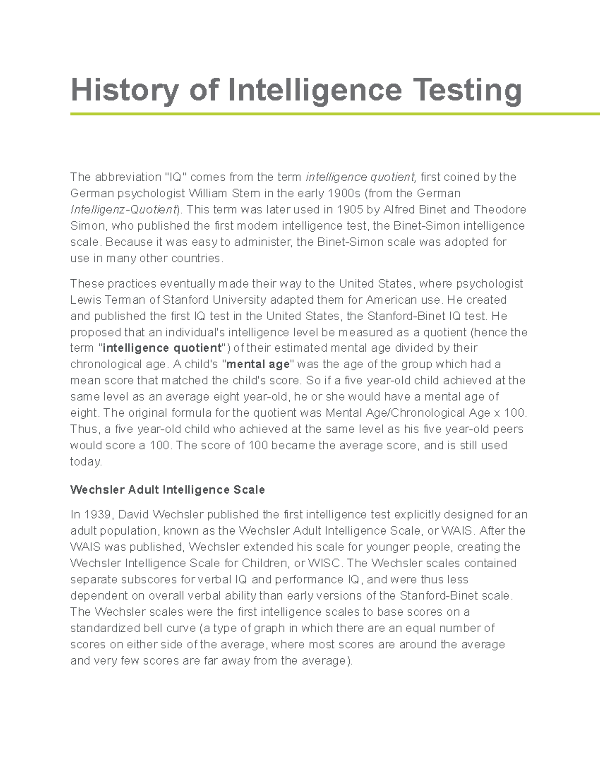 Midterm Study Guide for PSY 101: History of Intelligence Testing - Studocu