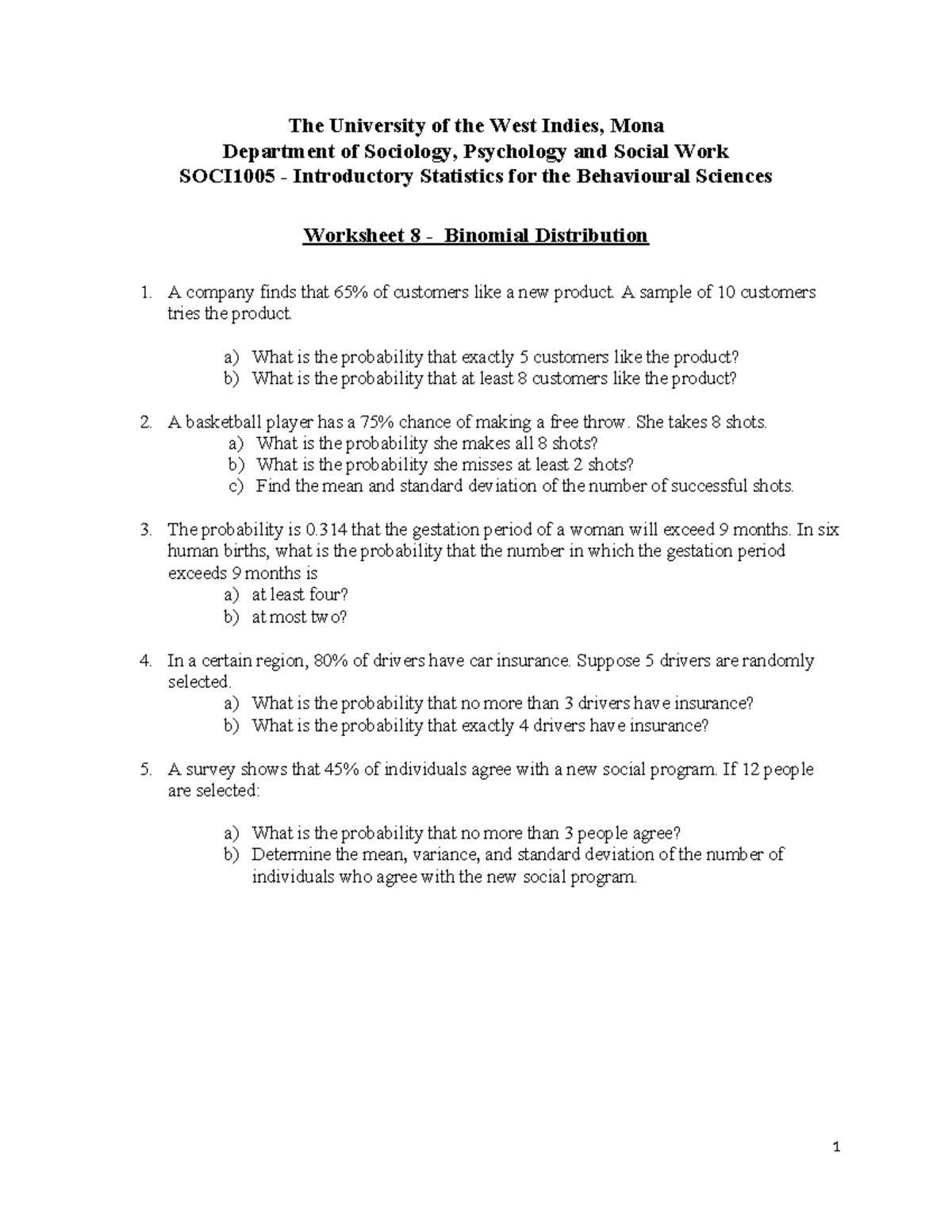 SOCI1005 Worksheet 8: Binomial Distribution Practice Problems - Studocu