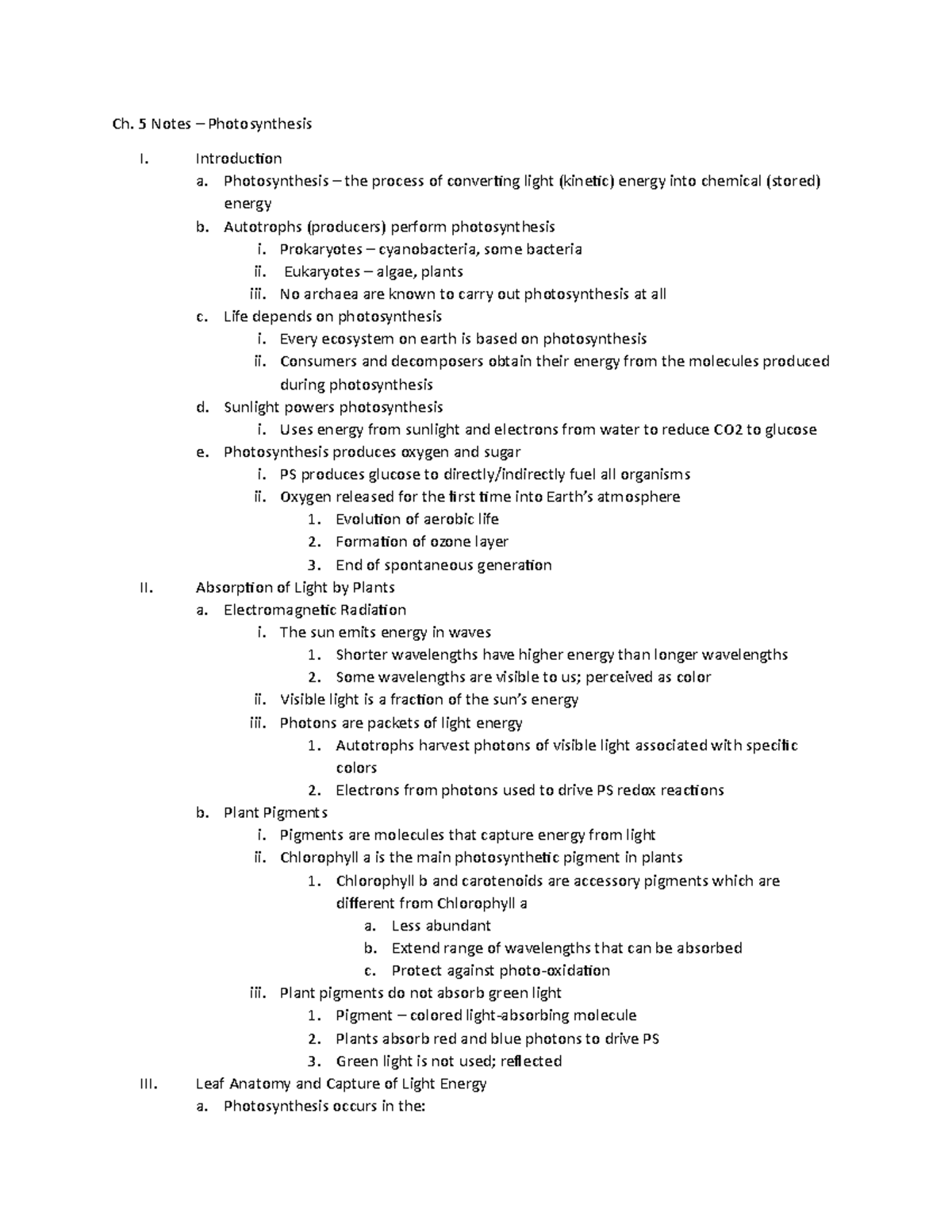 Ch. 5 Notes - Photosynthesis in Plants and Energy Conversion - Studocu