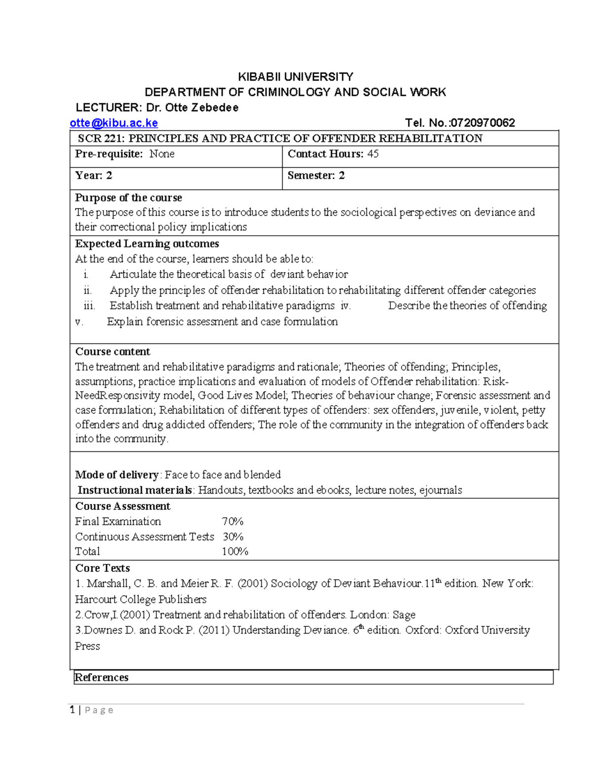 SCR 221 Principles of Offender Rehabilitation - 2021 Course Notes - Studocu