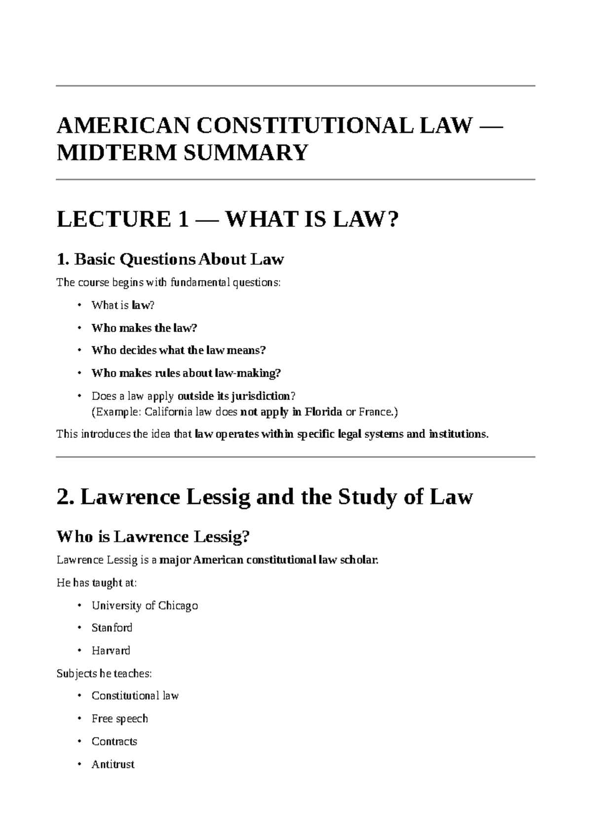 AMERICAN CONSTITUTIONAL LAW MIDTERM LECTURE 1 SUMMARY AND KEY CONCEPTS ...