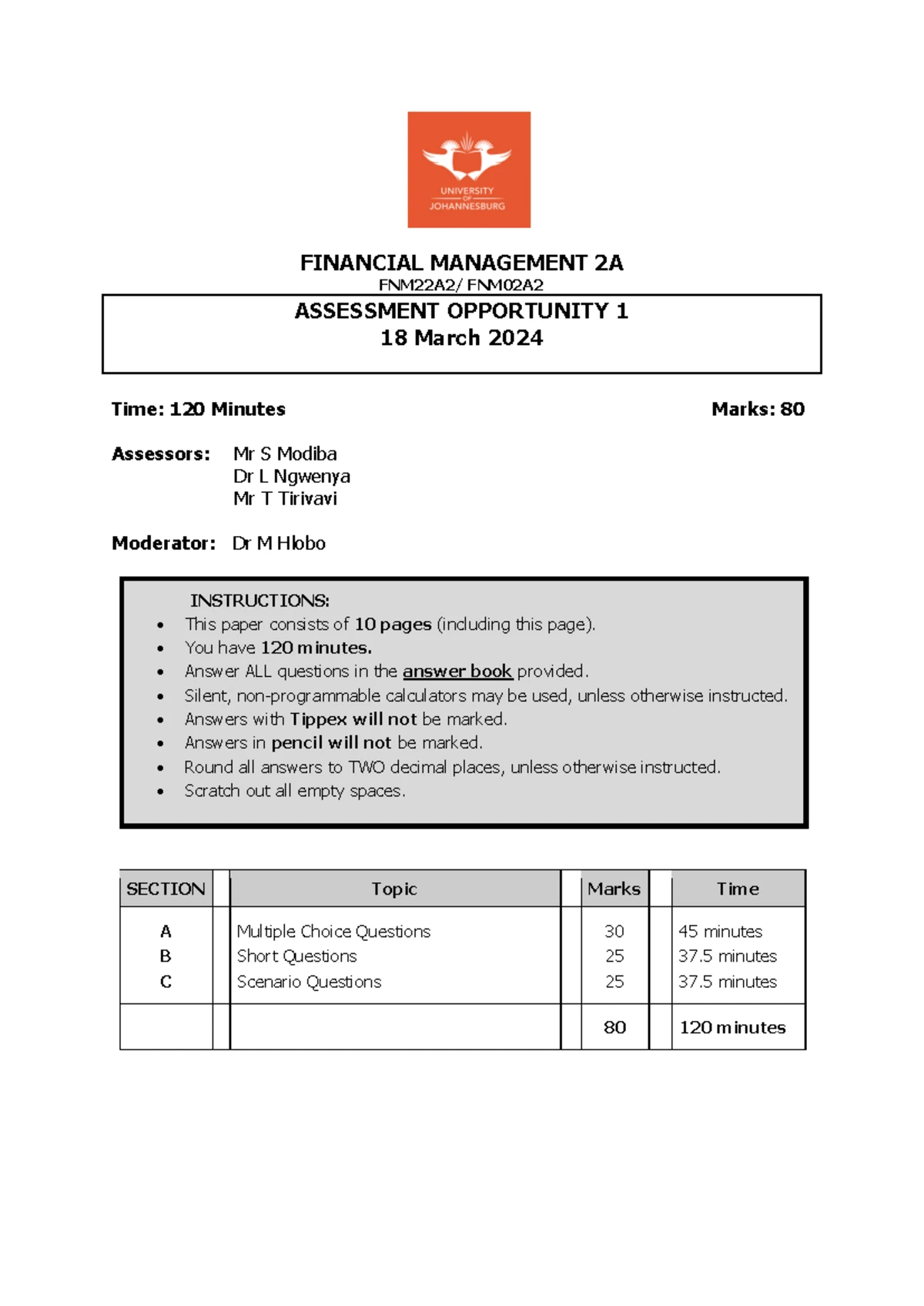 FIN 2A Assessment Opportunity 2 - Financial Management 2024 Exam Guide ...