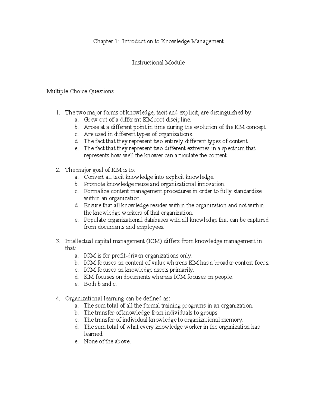 Chapter 1 Quiz (KM 101): Questions and Answers with Essay Prompts - Studocu