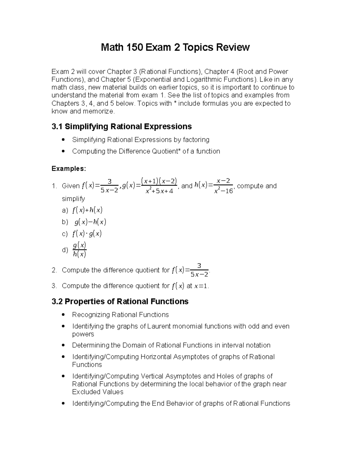 Math 150 Exam 2 Review: Rational, Root, Exponential & Log Functions ...
