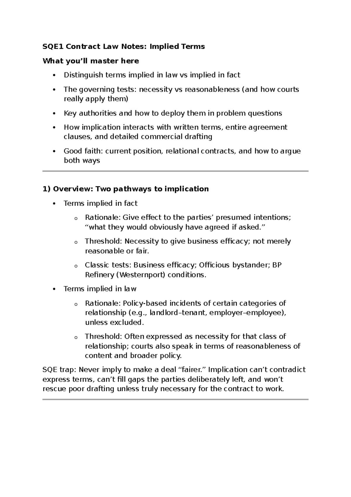 SQE1 Contract Law Notes: Distinguishing Implied Terms in Law vs Fact ...