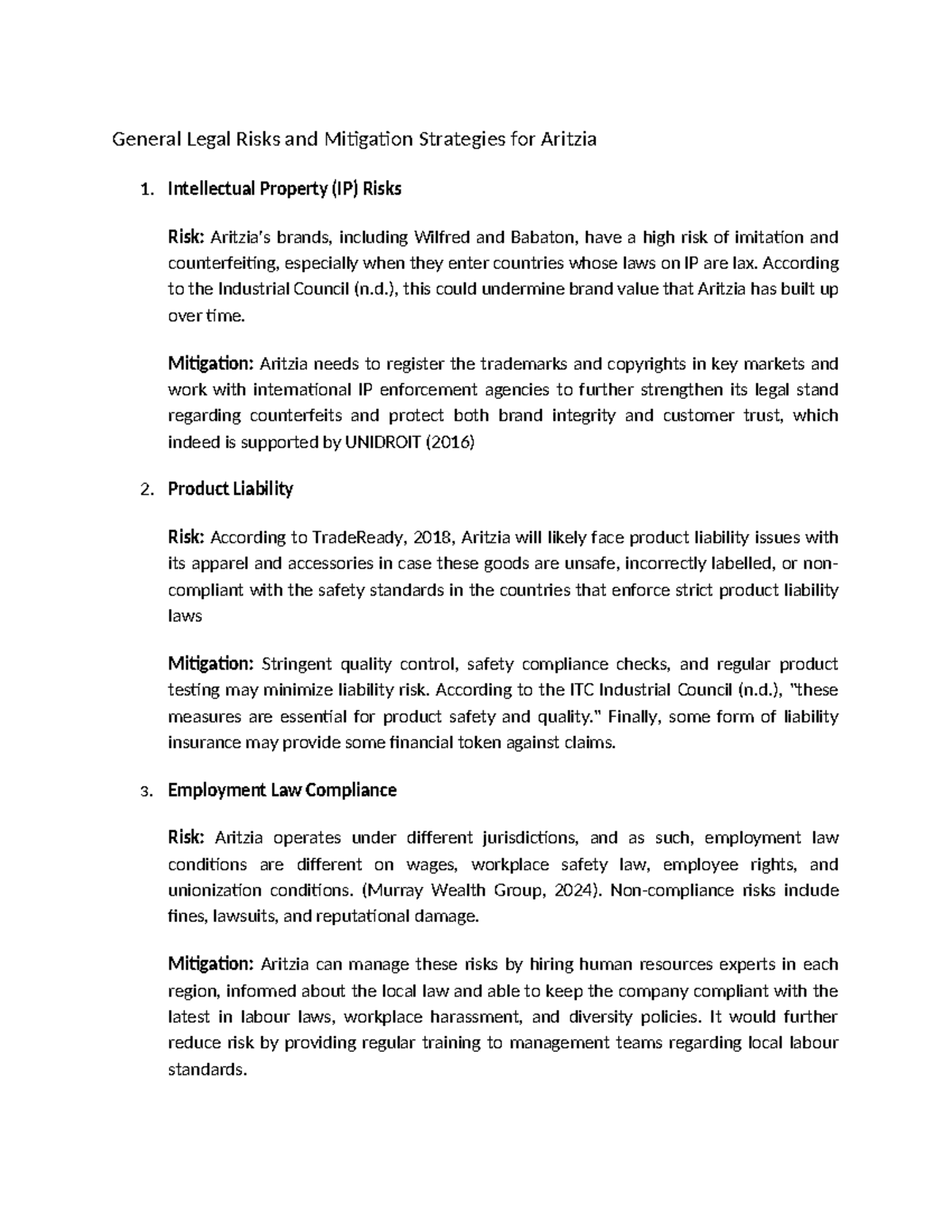 General Legal Risks and Mitigation Strategies for Aritzia ...