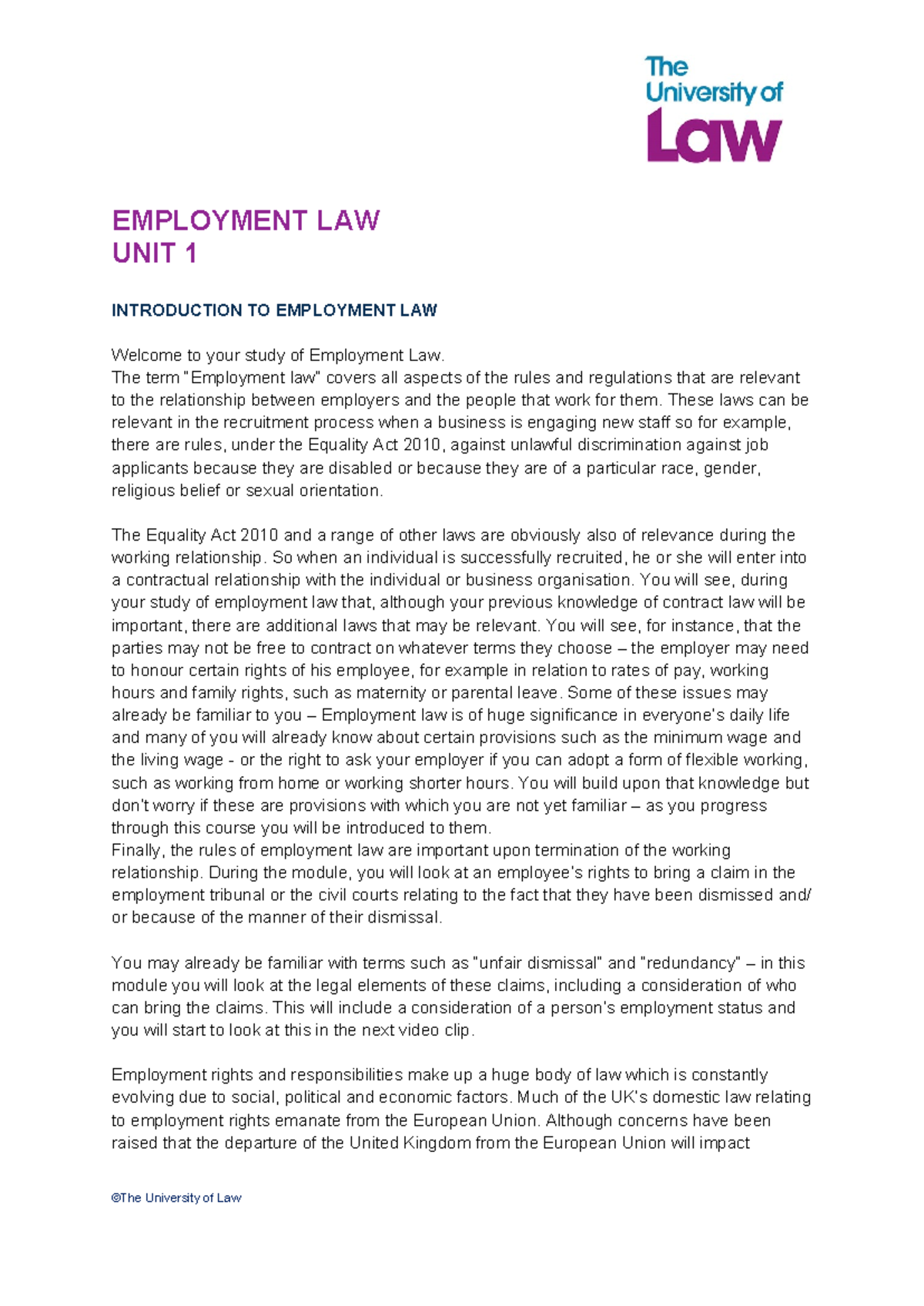 Introduction to employment law video transcript - EMPLOYMENT LAW UNIT 1 ...