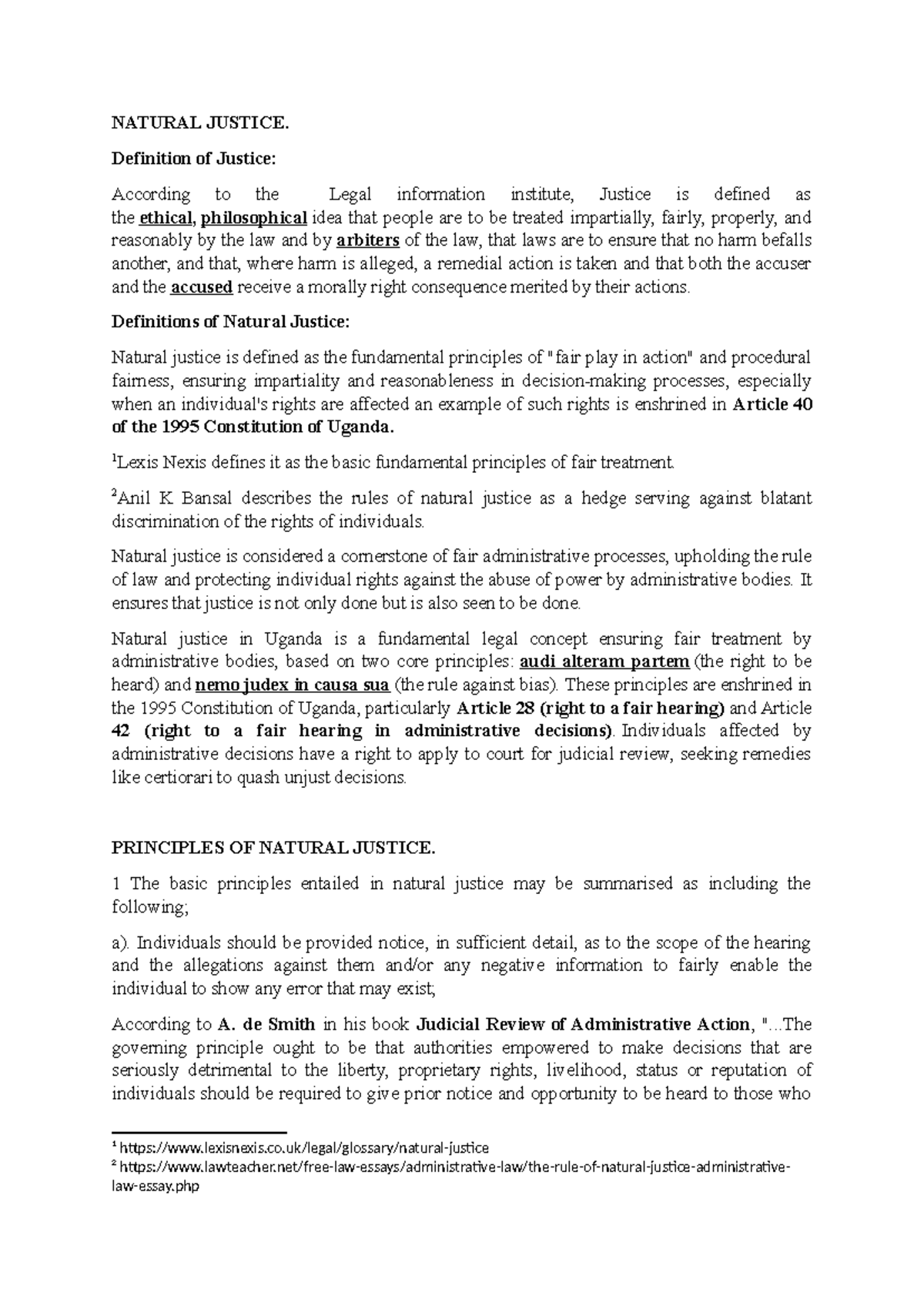 Natural Justice: Principles and Definitions in Law (UGA 1995) - Studocu