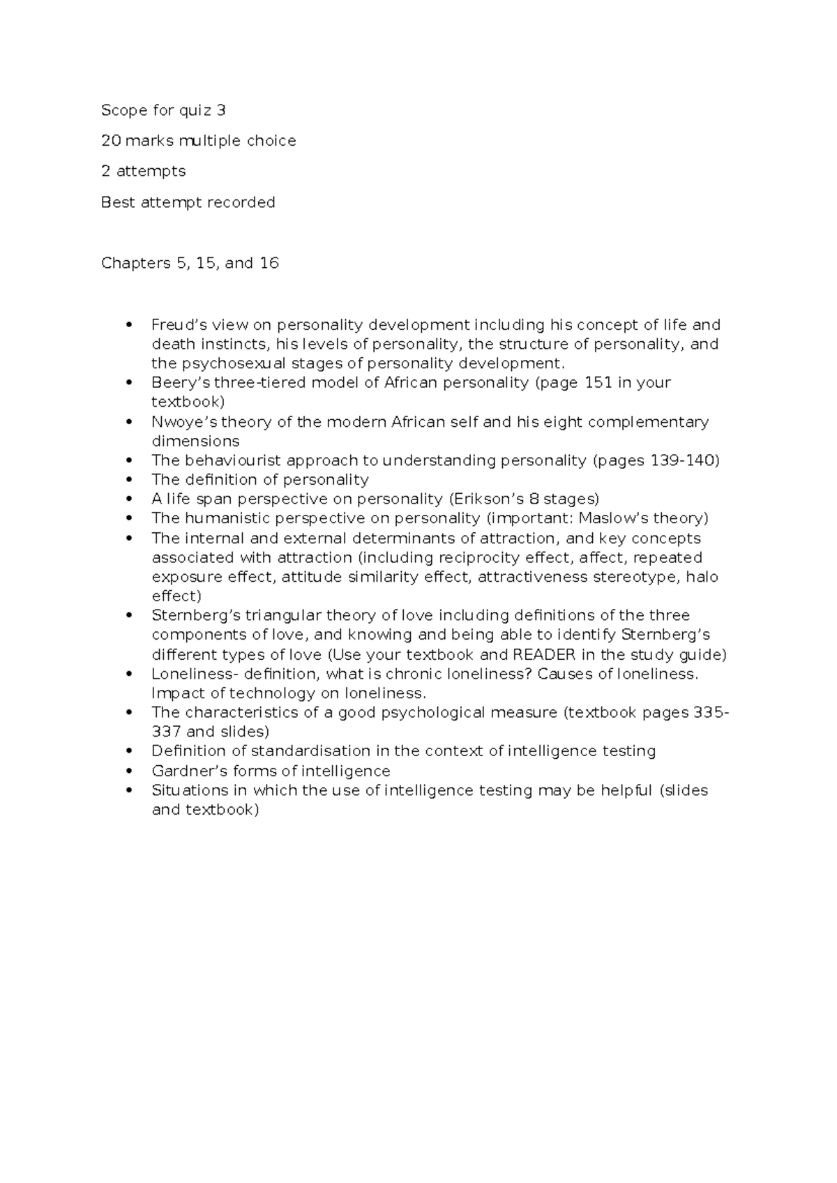 PSIN1514 Quiz 3 Scope: Personality Theories & Key Concepts 2024 - Studocu