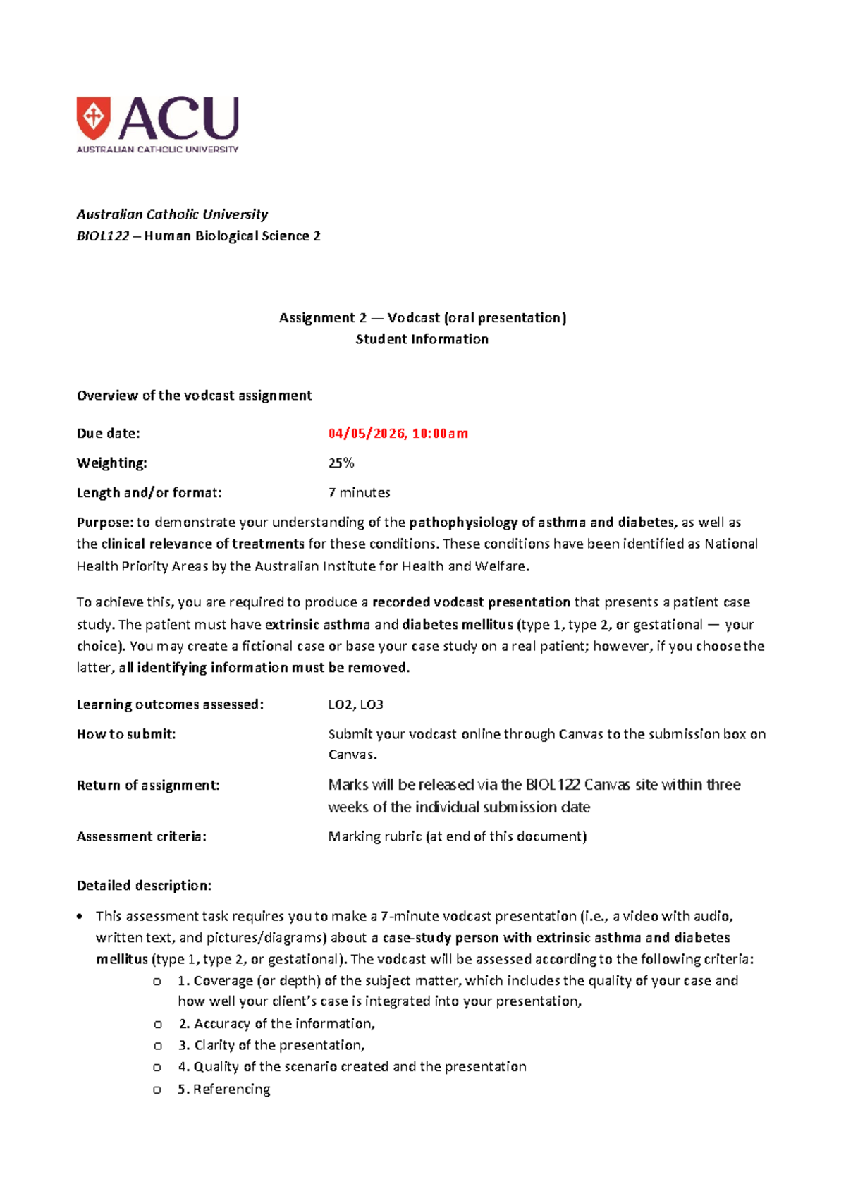 BIOL122 Vodcast Assignment: Asthma & Diabetes Case Study Overview - Studocu