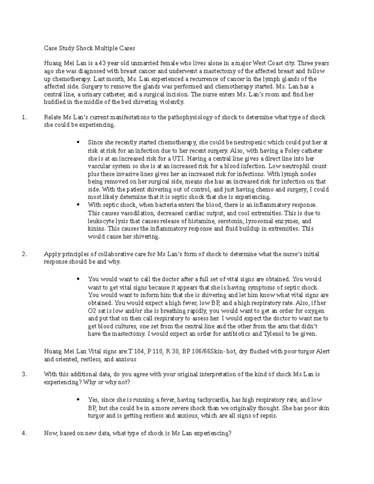 Case Study Analysis of Shock in Multiple Patients (NUR311) - Studocu