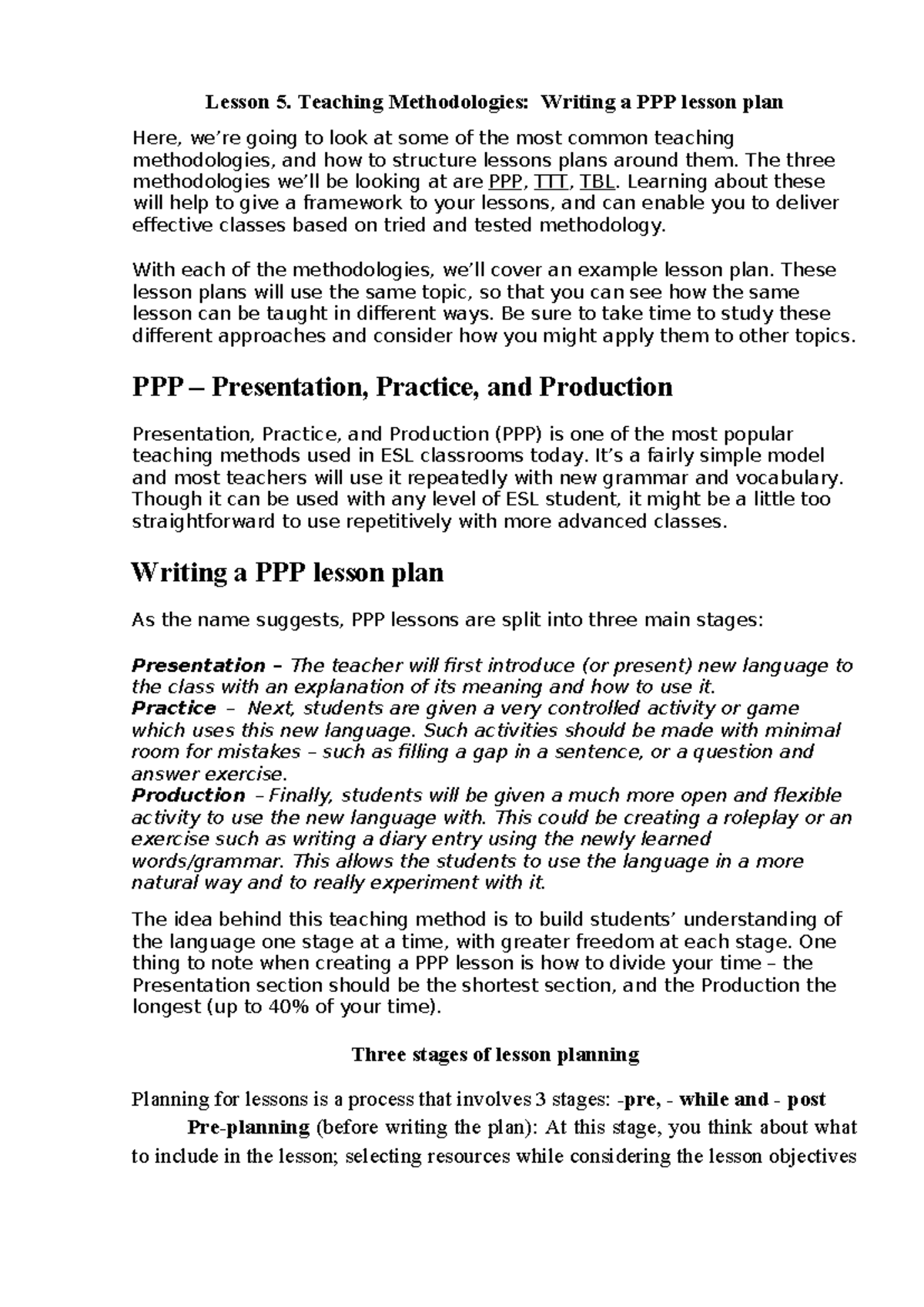 Teaching Methodologies: PPP Lesson Plan - Lesson 5 Overview - Studocu