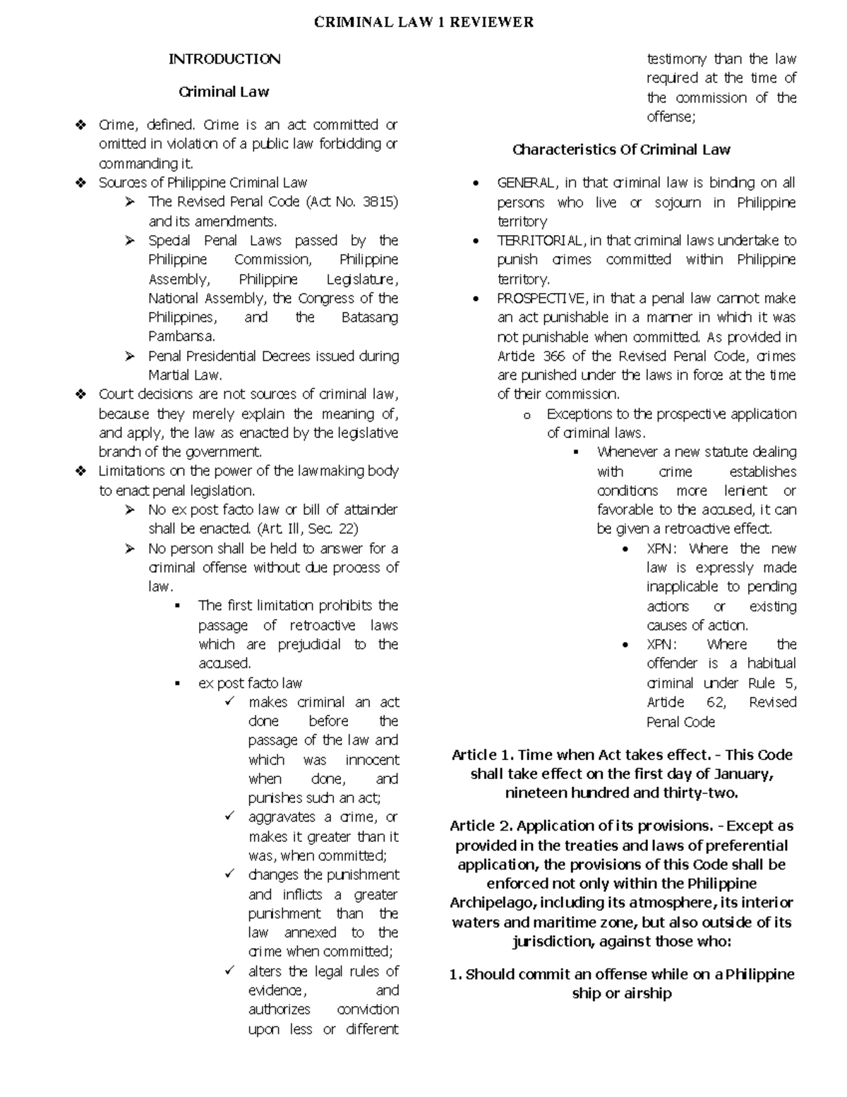 CRIMINAL LAW 1 REVIEWER: Key Concepts and Principles - Studocu