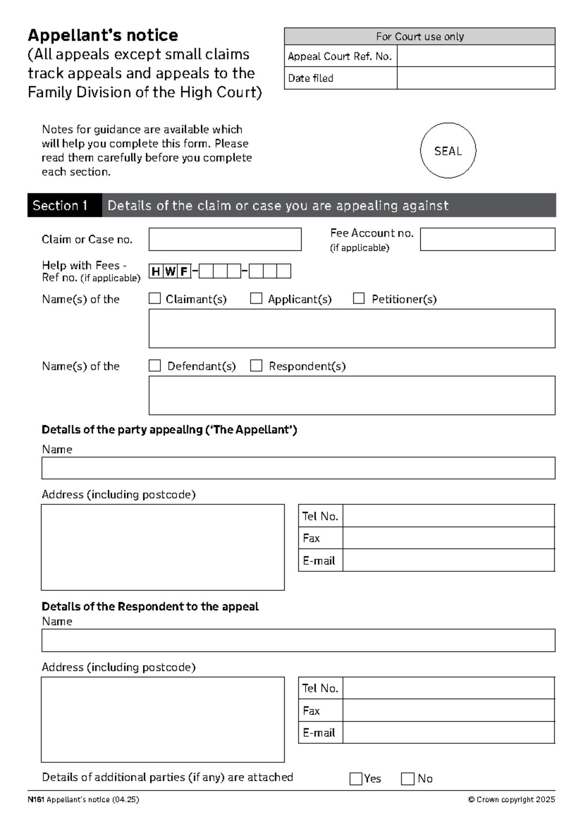 N161 - Notice of Appeal Form for Court Use Only - Studocu