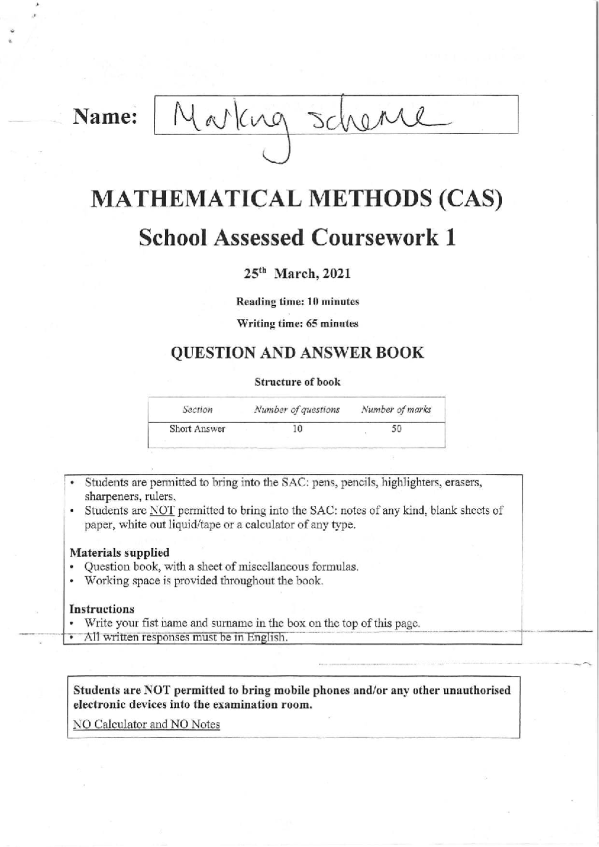 VCE Mathematical Methods (CAS) SAC 1 Marking Scheme and Solutions - Studocu