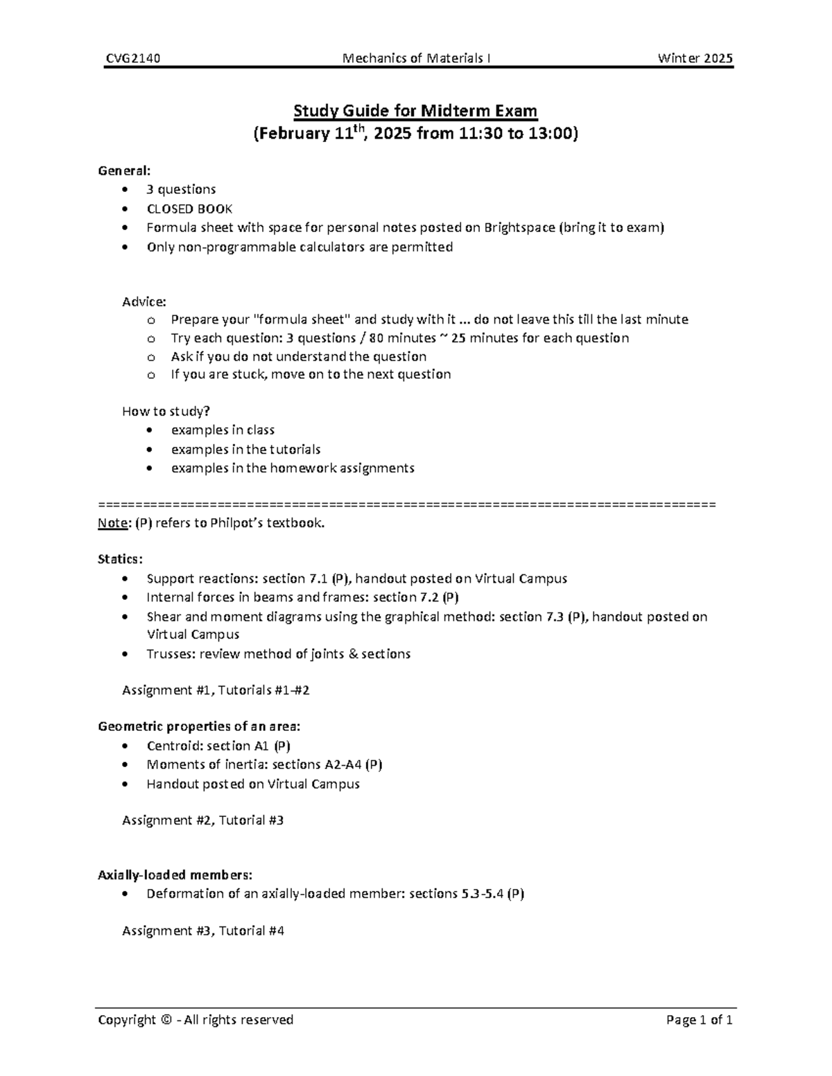 CVG2140 Mechanics of Materials I midterm exam study guide Winter 2025 ...