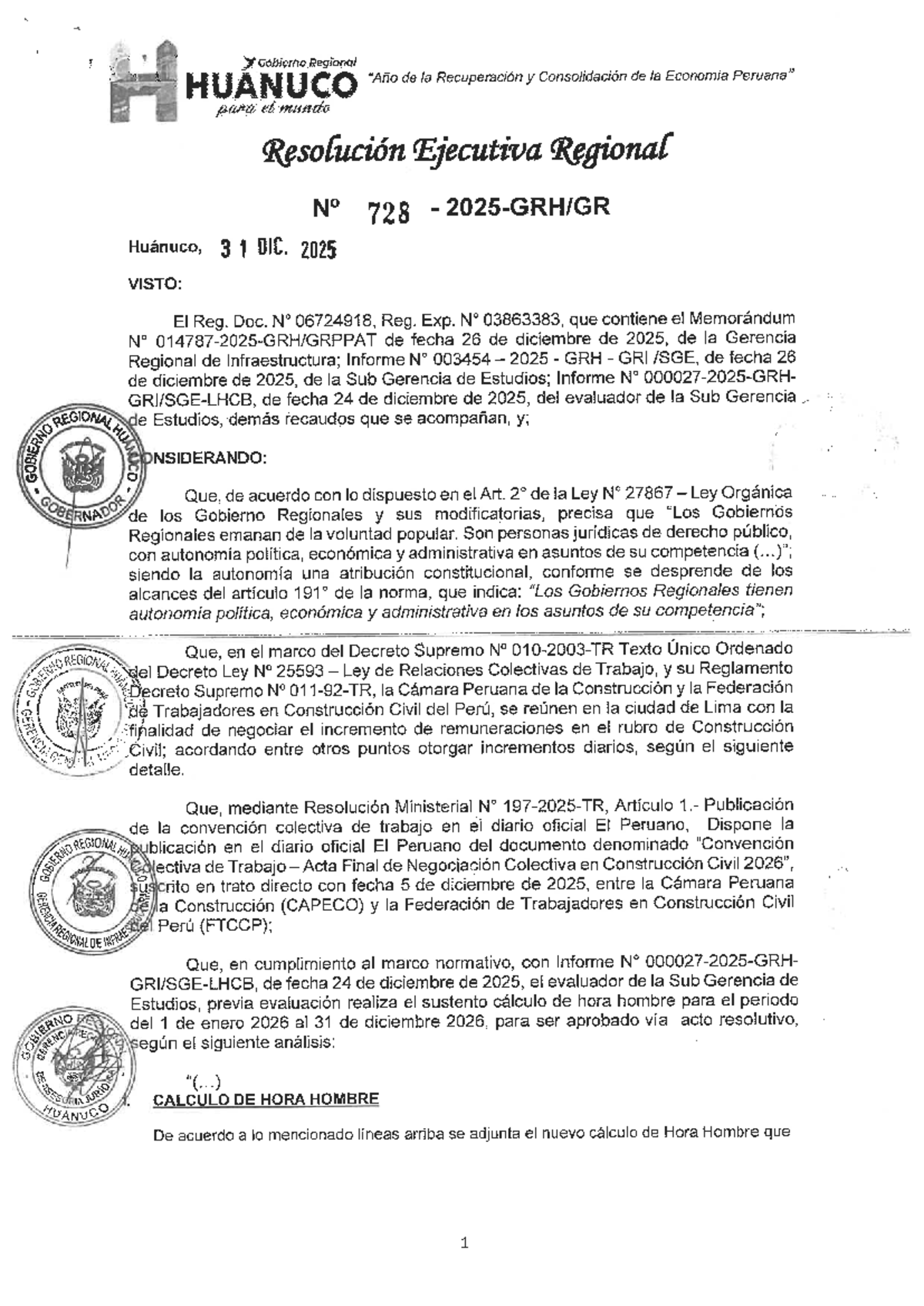 Cálculo de Hora Hombre para Obras 2026 - Gobierno Regional HUANUCO - Document Preview