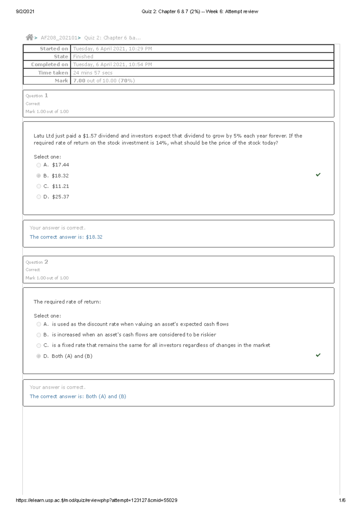 Quiz 2 Chapter 6 & 7 (2%) - Week 6 Attempt review 1 - Started on ...