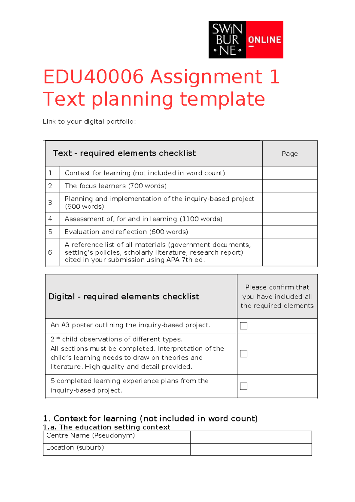 EDU101 Assignment 1: Text Planning Template & Project Evaluation - Studocu